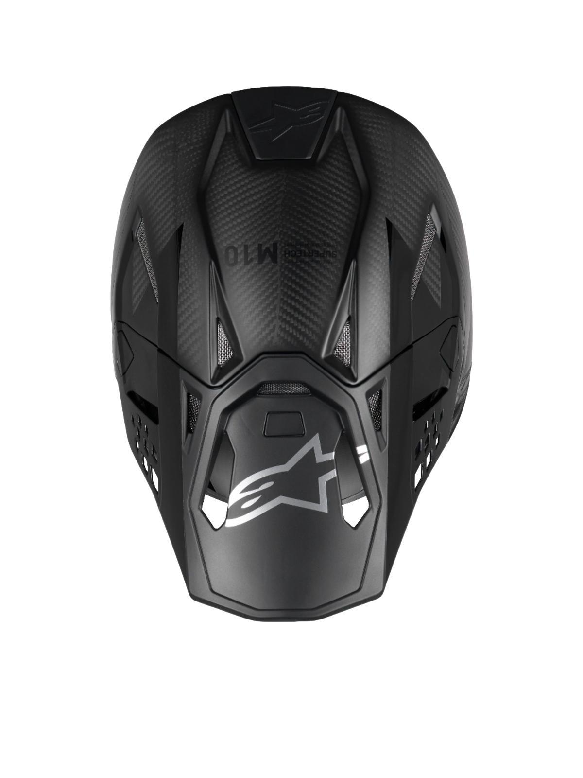 Casque de motocross Alpinestars Supertech M10 Fame, vue de dessus, noir mat et brillant, construction en carbone 3K.