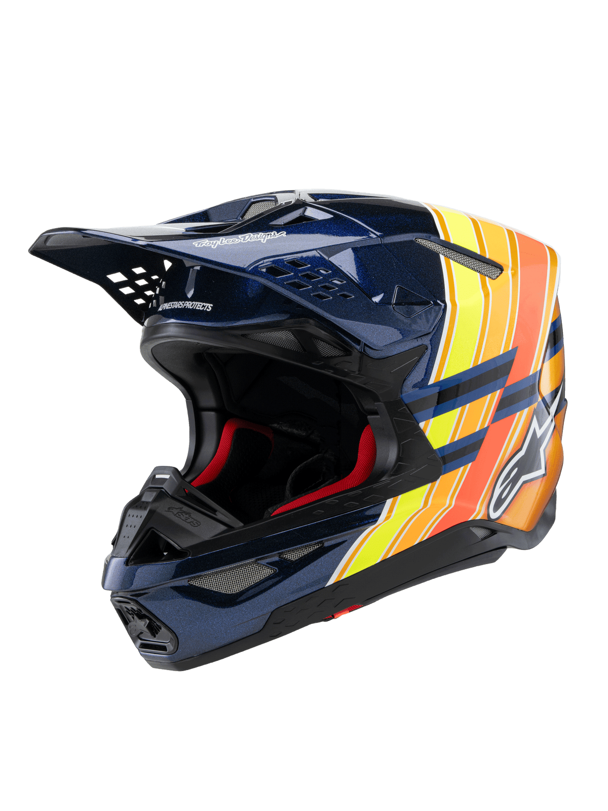 Alpinestars Supertech M10 TLD Edition 25 Helm, Motocross-Helm, Glänzendes Dunkelblau mit orangefarbenen und neongelben Grafiken, rote Innenpolsterung, aerodynamische Schale mit mehreren Belüftungsöffnungen, Troy Lee Designs Branding auf dem Helmschild, professionelle Offroad-Rennausrüstung