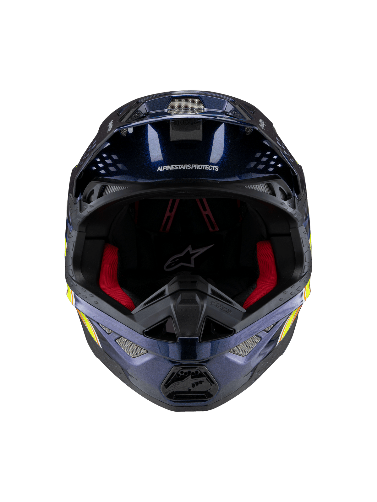 Alpinestars Supertech M10 TLD Edition 25 Helm, Motocross-Helm, Glänzendes Metallic-Dunkelblau mit roter Innenpolsterung, Vorderansicht mit Belüftungsgittern und Seitengrafiken in Gelb und Orange, hochwertiger Offroad-Rennschutz.