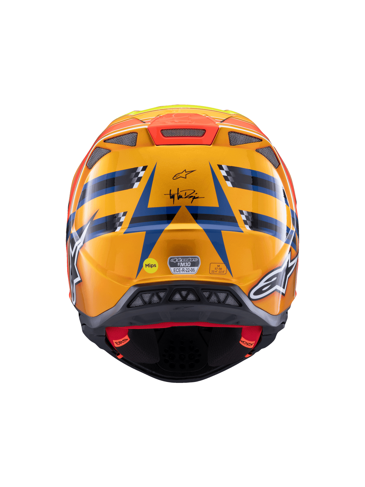 Alpinestars Supertech M10 TLD Edition 25 Helm, Motocross-Helm, Rückansicht, Glänzendes Orange und Blau mit fluoreszierend gelben und roten Akzenten, mit Troy Lee Designs Branding und MIPS-Sicherheitssystem, aerodynamisches Design mit Belüftungsöffnungen