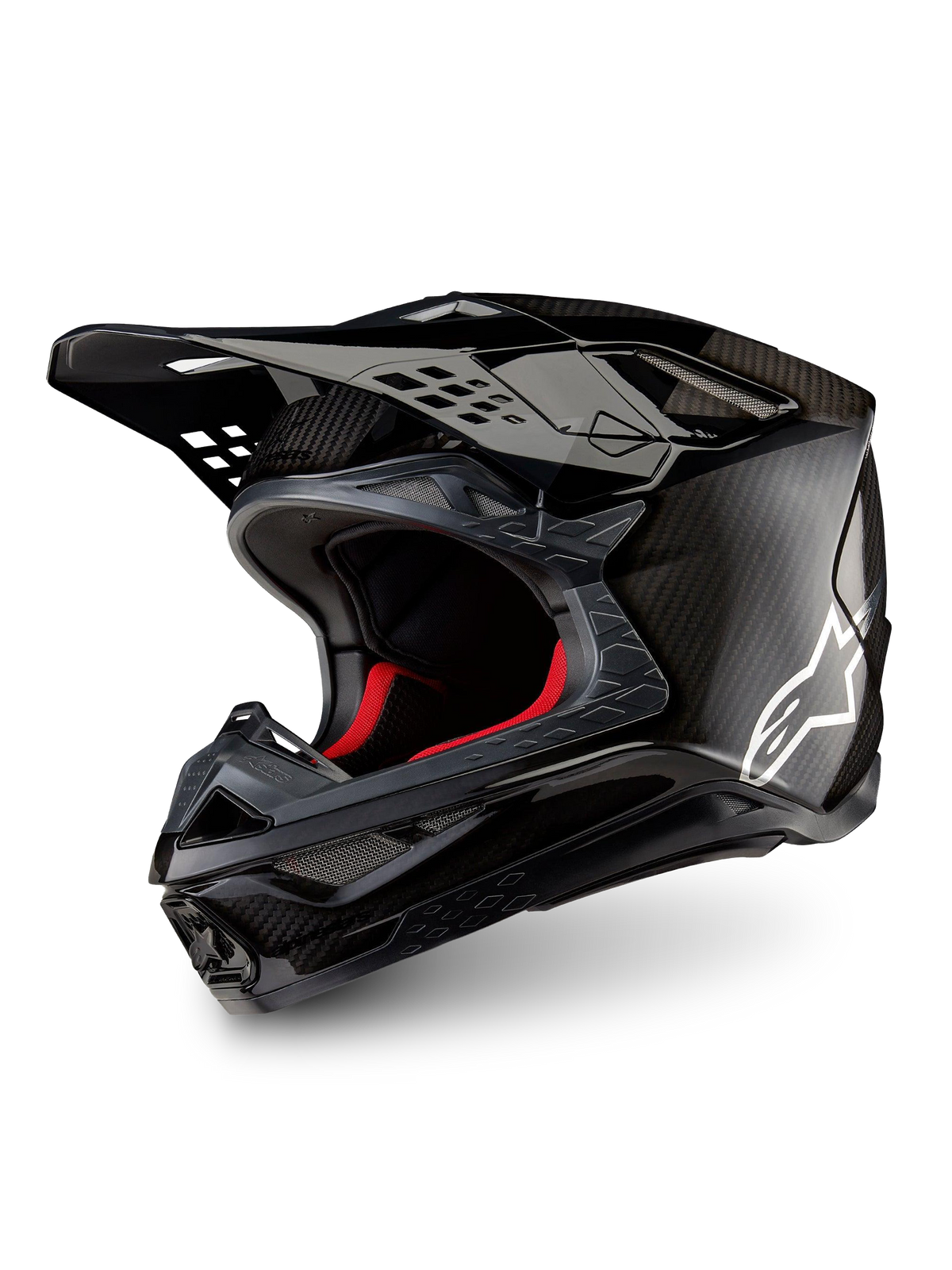 Alpinestars Supertech M10 Fame, casque de motocross noir mat et brillant, coque carbone 3K, certifié ECE 22.06, logo blanc