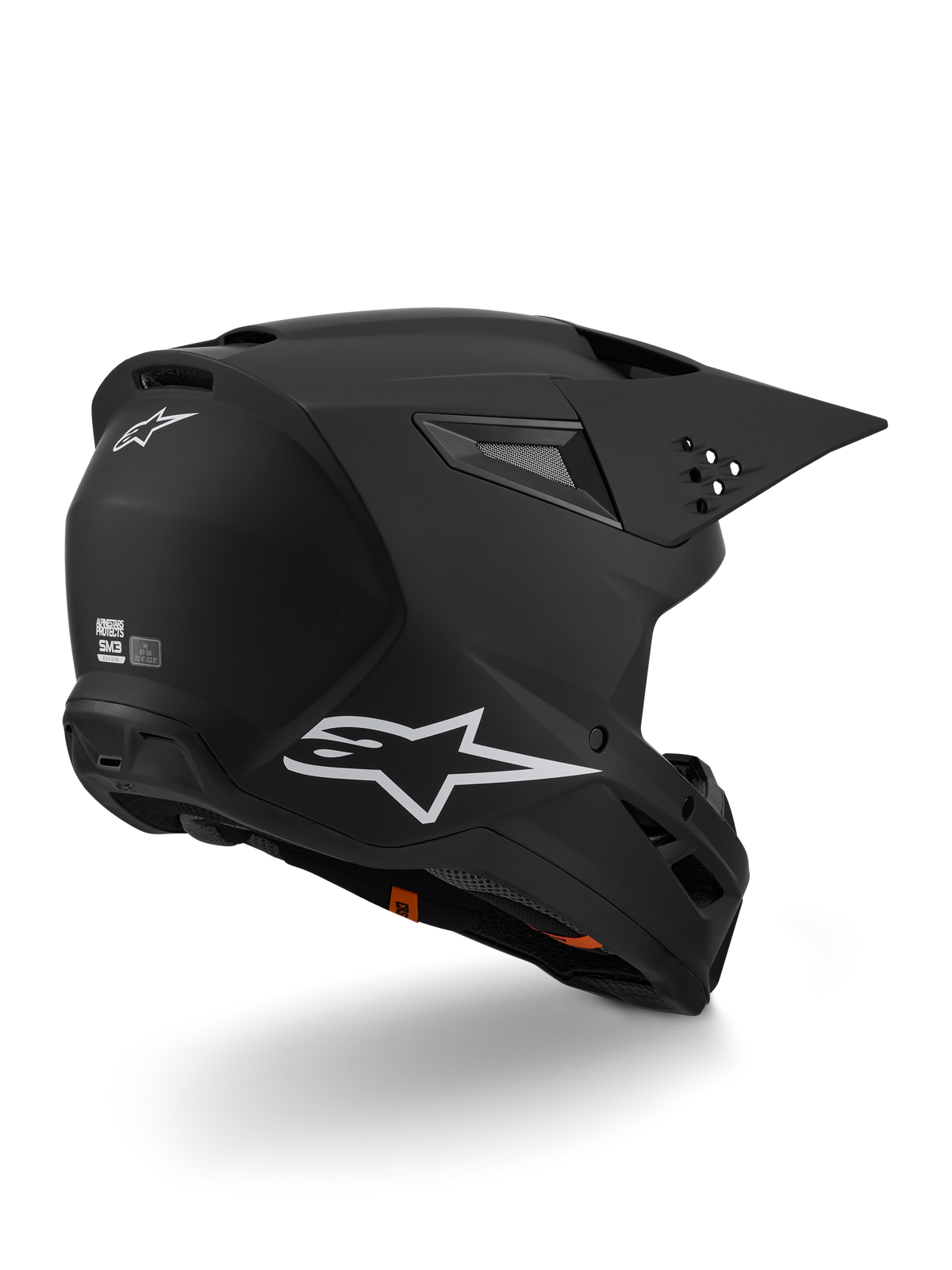 Alpinestars S-M3 Solid Helm ECE 22.06, Motocross-Helm, Schwarz Matt, mit weißem Alpinestars-Logo an der Seite und auf der Rückseite, aerodynamische Schale mit integrierten Belüftungsöffnungen und Visier-Auslösesystem, konzipiert für Offroad-Rennperformance