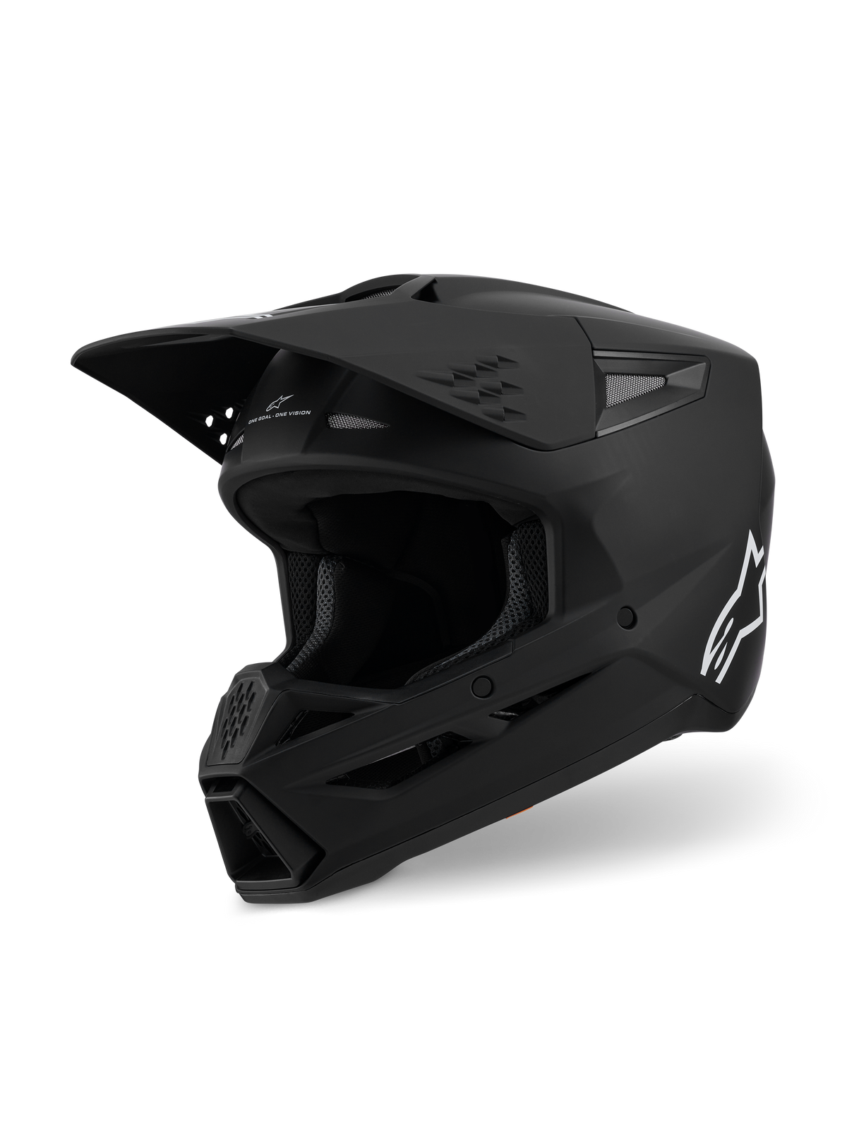Alpinestars S-M3 Solid Helm ECE 22.06, Motocross-Helm, Mattschwarz, Dreiviertel-Seitenansicht mit großem Visier und Belüftungsöffnungen, aerodynamische Schale mit weißem Alpinestars-Logo, professionelle Offroad-Rennausrüstung