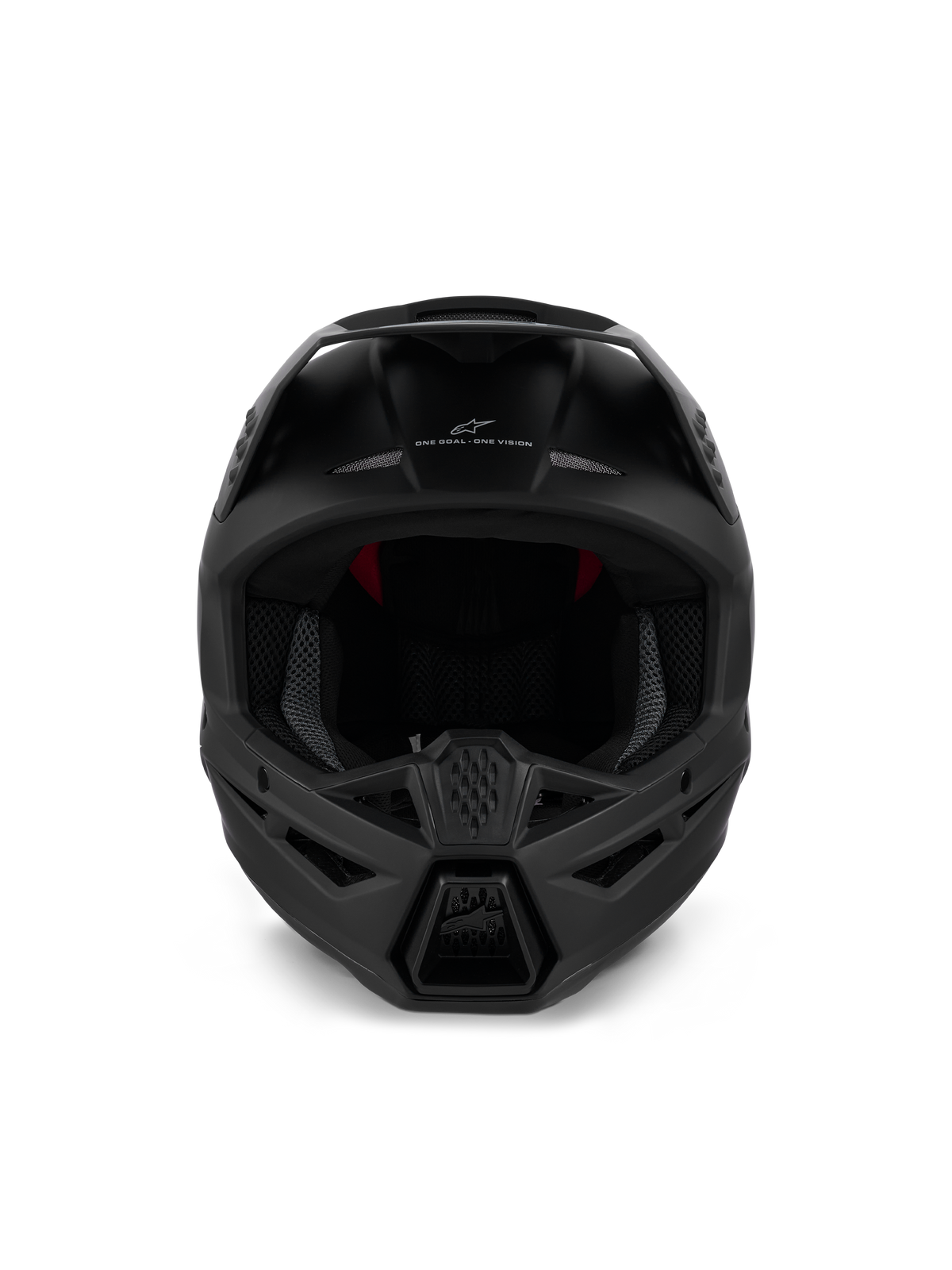 Alpinestars S-M3 Solid Helm ECE 22.06, Motocross-Helm, Mattschwarz, Frontansicht mit aggressiver Belüftung am Kinnschutz und 'ONE GOAL - ONE VISION'-Branding, schlankes Design für den Offroad-Rennsport