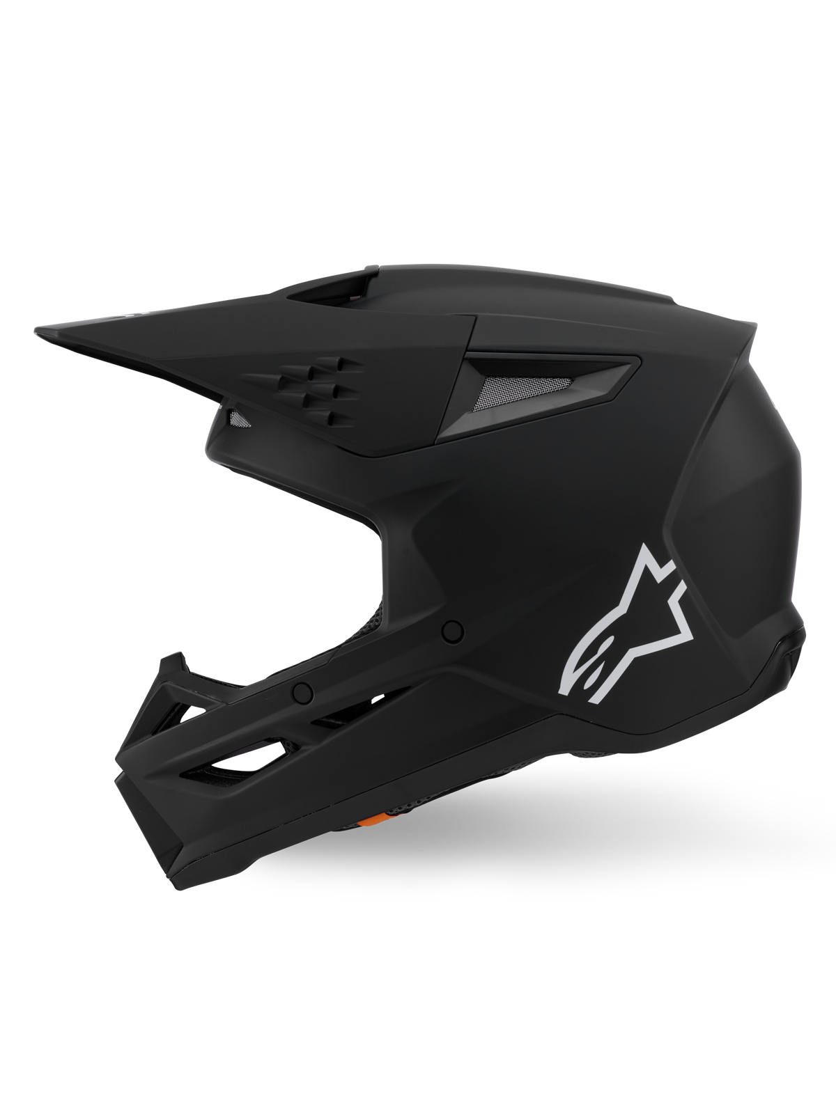 Alpinestars S-M3 Solid Helm ECE 22.06, Motocross-Helm, Mattschwarz, Seitenansicht mit weißem Astars-Logo, kantiges Schalendesign mit integrierten Belüftungsöffnungen und schützendem Visier, Performance-Ausrüstung für den Offroad-Rennsport