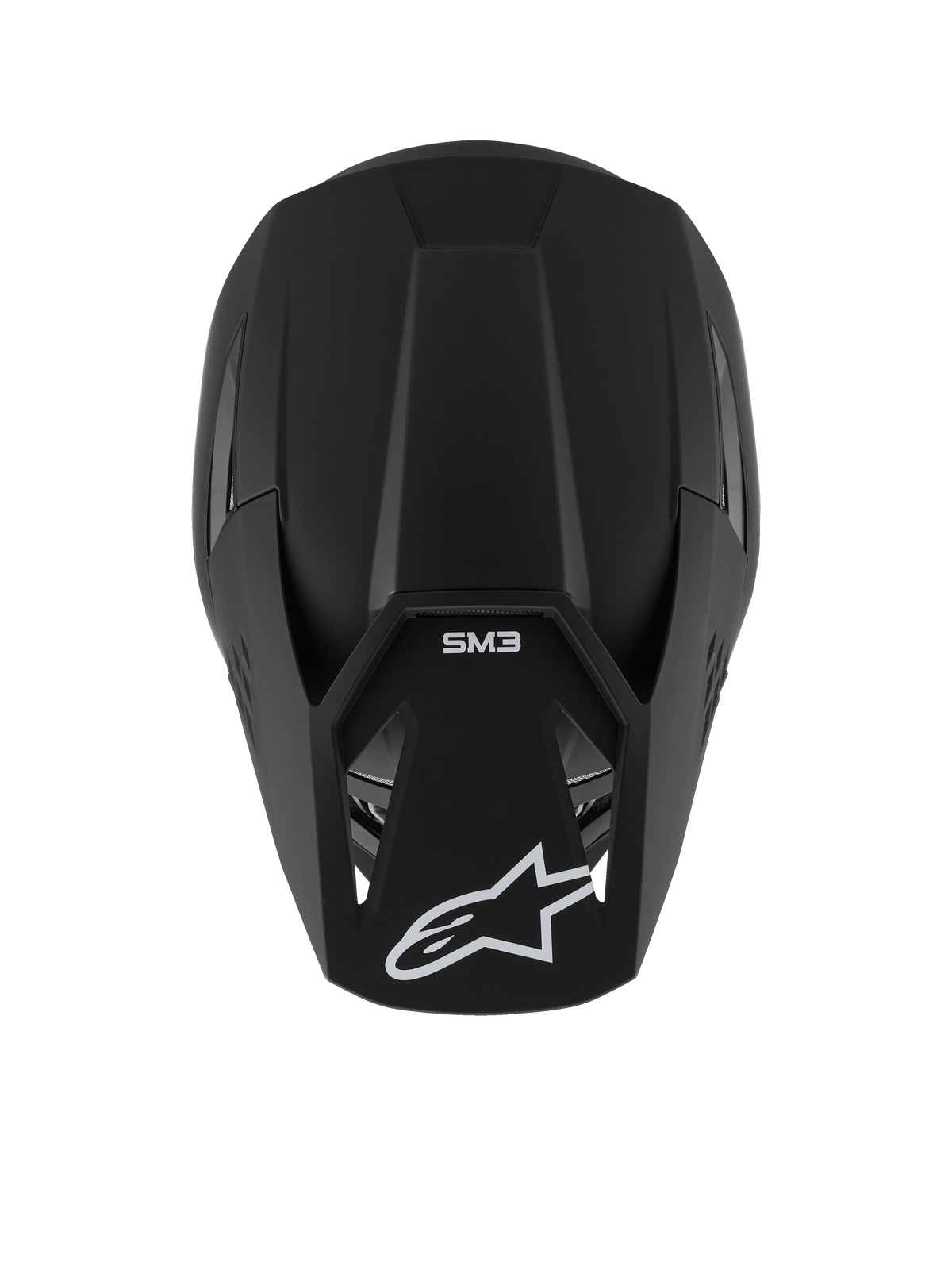 Alpinestars S-M3 Solid Helm, Motocross-Helm, Schwarz Matt, Draufsicht zeigt matte Textur und aerodynamische Schale, mit weißem Alpinestars Stern-Logo auf dem Schirm und SM3-Branding, erstklassiger Kopfschutz für den Offroad-Rennsport