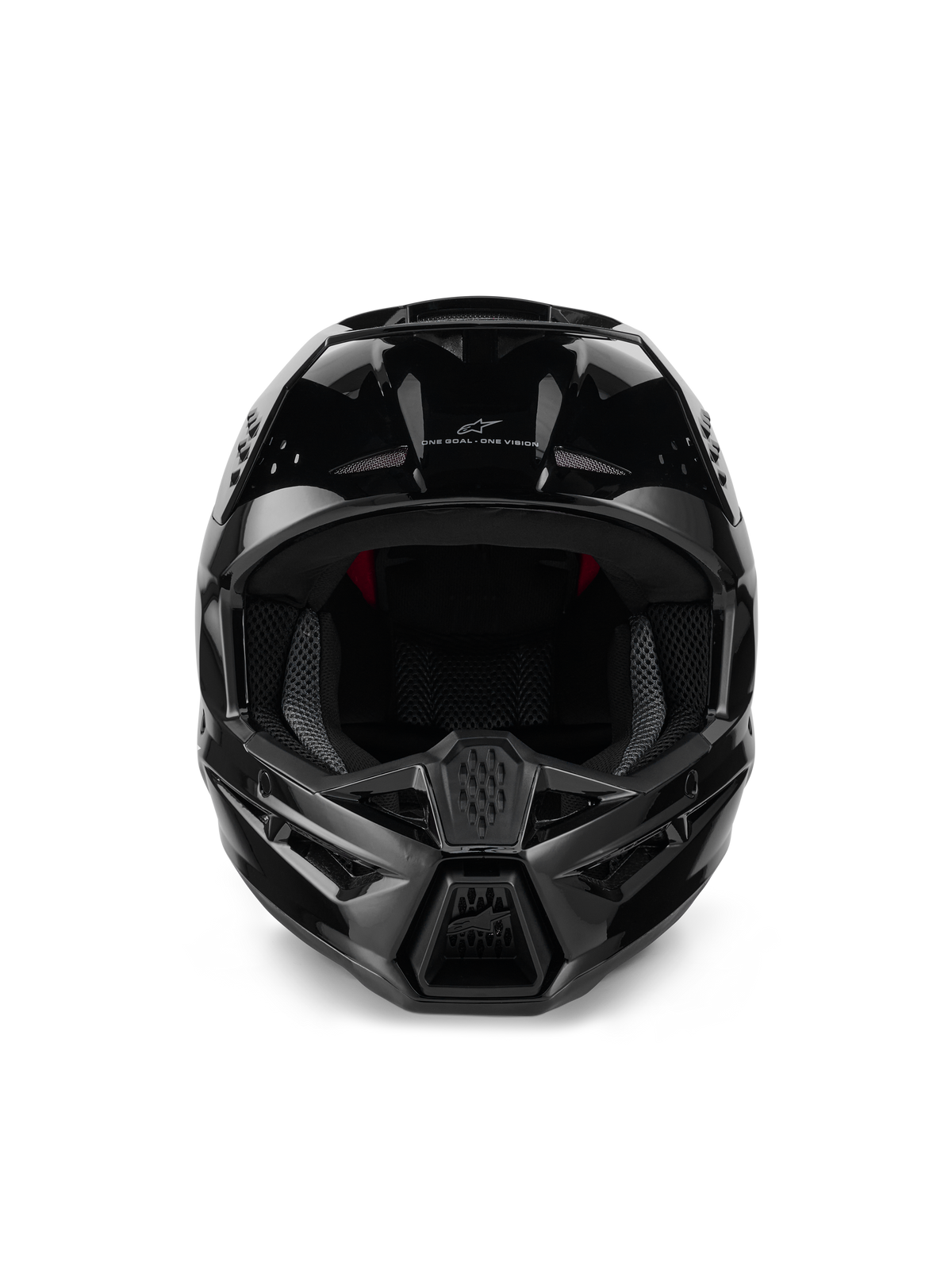 Alpinestars S-M3 Solid Helm ECE 22.06, Motocross-Helm, Schwarz Glänzend, Vorderansicht mit Belüftungsöffnungen, aerodynamische Schale mit glänzendem Finish, Alpinestars-Logo und „One Goal. One Vision.“ Schriftzug