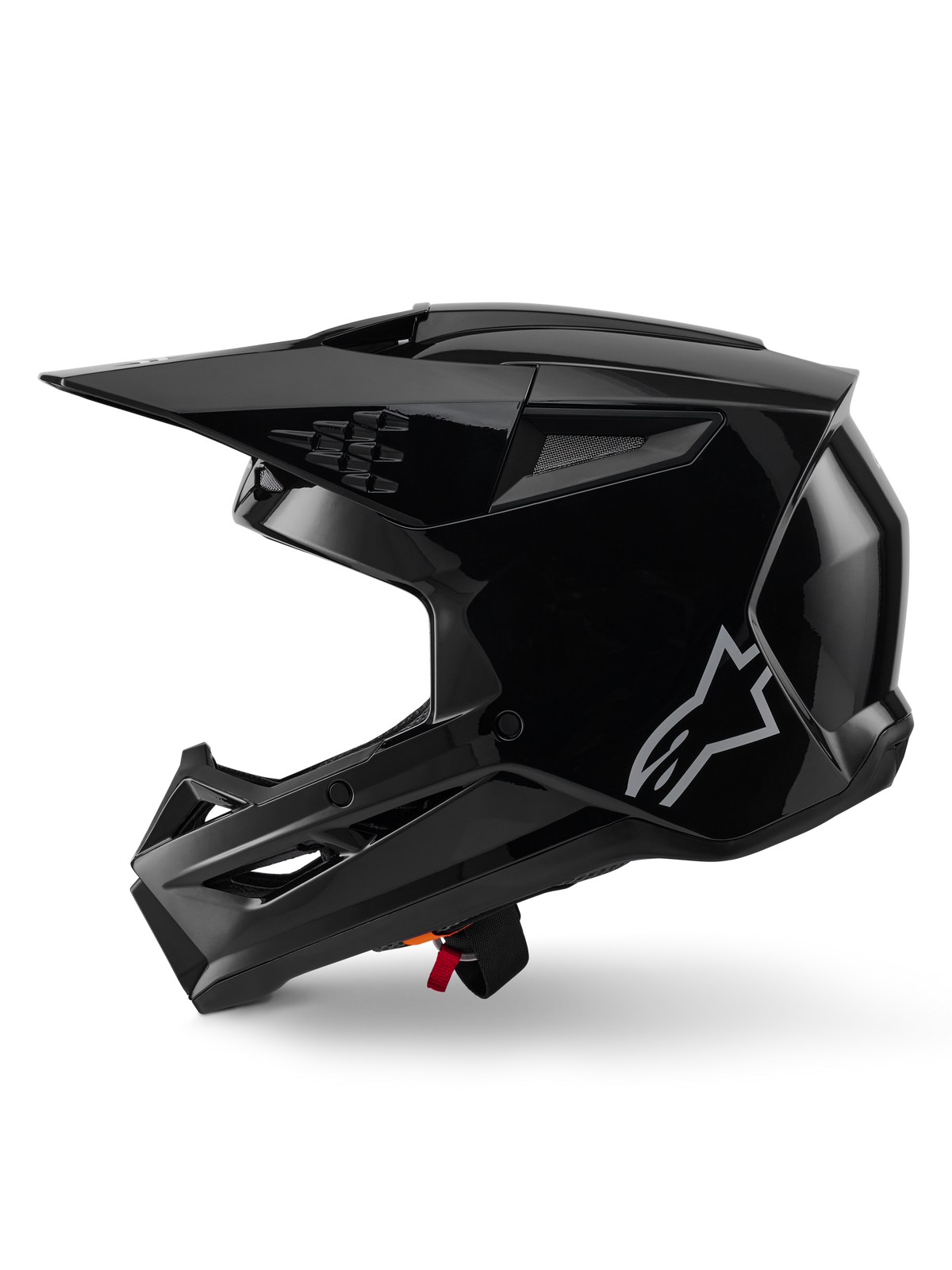 Alpinestars S-M3 Solid Helm, Motocross-Helm, Schwarz glänzend, Seitenansicht, mit silbernem Alpinestars-Logo, aerodynamischem Visier und mehreren Belüftungsöffnungen für den Offroad-Rennsport