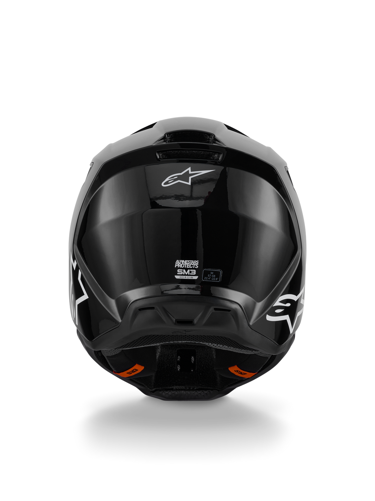 Alpinestars S-M3 Solid Helm, Motocross-Helm, Schwarz glänzend, Rückansicht mit weißem Alpinestars-Logo, ECE 22.06-Zertifizierung, aerodynamische Schale mit Auslassöffnungen