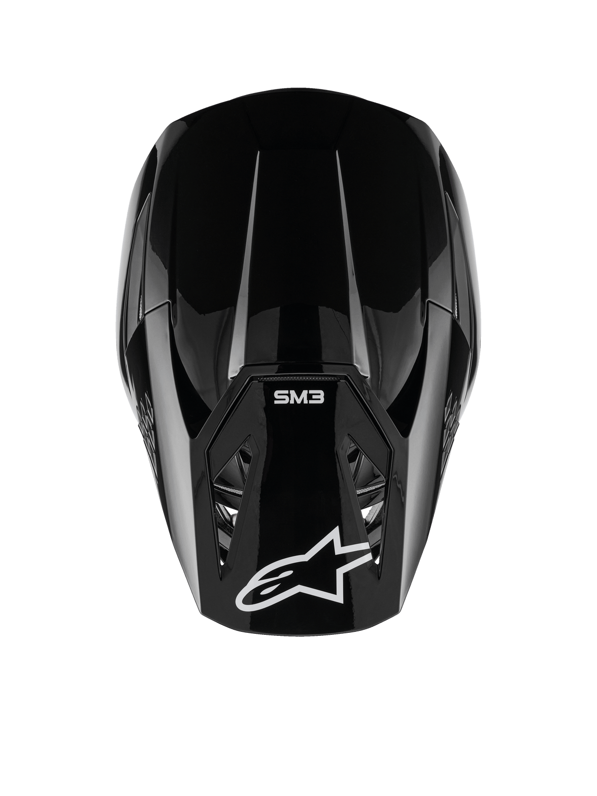 Alpinestars S-M3 Solid Helm, Motocross-Helm, Schwarz glänzend, Draufsicht mit weißem Alpinestars-Logo und SM3-Branding auf dem Visier, aerodynamisches Design, professioneller Offroad-Schutz