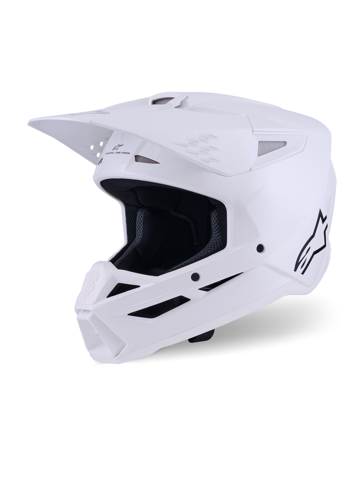 Alpinestars S-M3 Solid Helm, Motocross-Helm, Weiß Glänzend, Full-Face-Offroad-Kopfschutz mit markantem Visier, mehreren Belüftungsöffnungen und schwarzem Alpinestars-Logo auf dem Seitenprofil