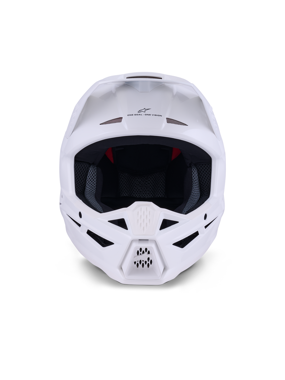 Alpinestars S-M3 Solid Helm ECE 22.06, Motocross-Helm, Weiß Glänzend, Frontansicht mit mehreren Belüftungseinlässen an Kinn und Stirn, schlanke aerodynamische Schale mit Visier, „ONE GOAL - ONE VISION“-Branding und Mesh-Innenfutter für Offroad-Rennschutz.