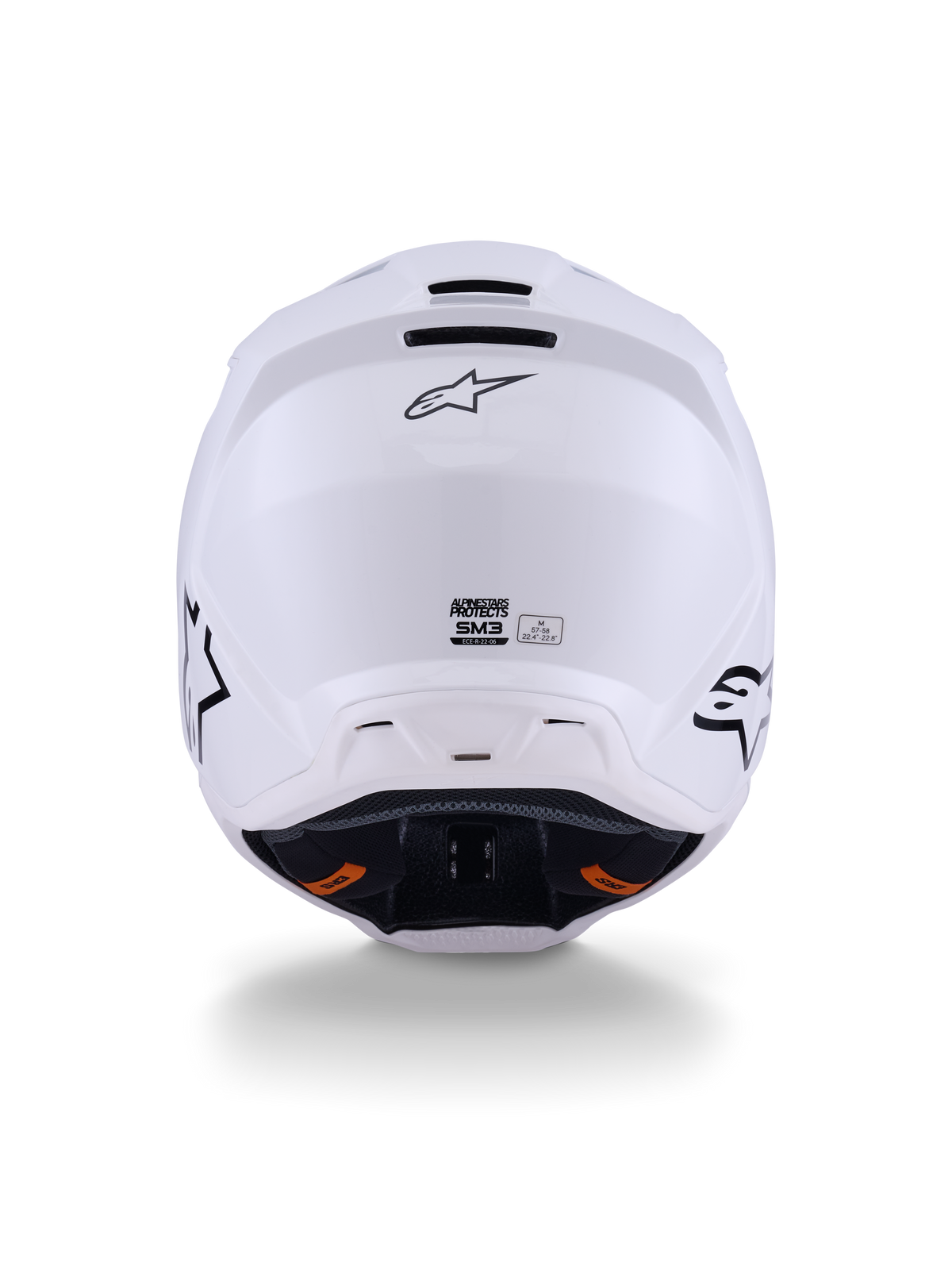 Alpinestars S-M3 Solid Helm ECE 22.06, Motocross-Helm, Weiß Glänzend, Rückansicht mit Abluftöffnungen, Alpinestars-Logo und Sicherheitszertifizierung, konzipiert für Offroad-Performance