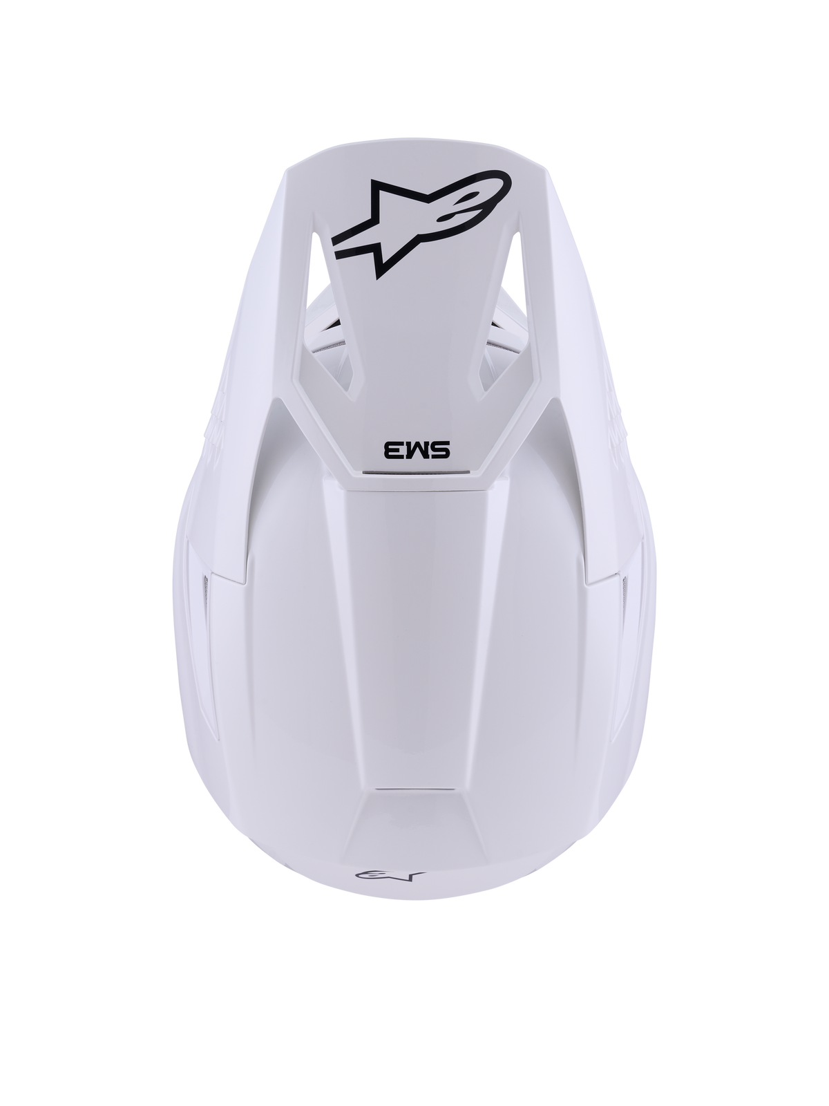 Alpinestars S-M3 Solid Helm, Weiß Glänzend, Motocross-Helm, Draufsicht mit schwarzem Alpinestars Stern-Logo und SM3-Branding auf dem Visier, schlanke thermoinjizierte Schale mit glänzendem Finish, ECE 22.06-zertifizierter Offroad-Schutz