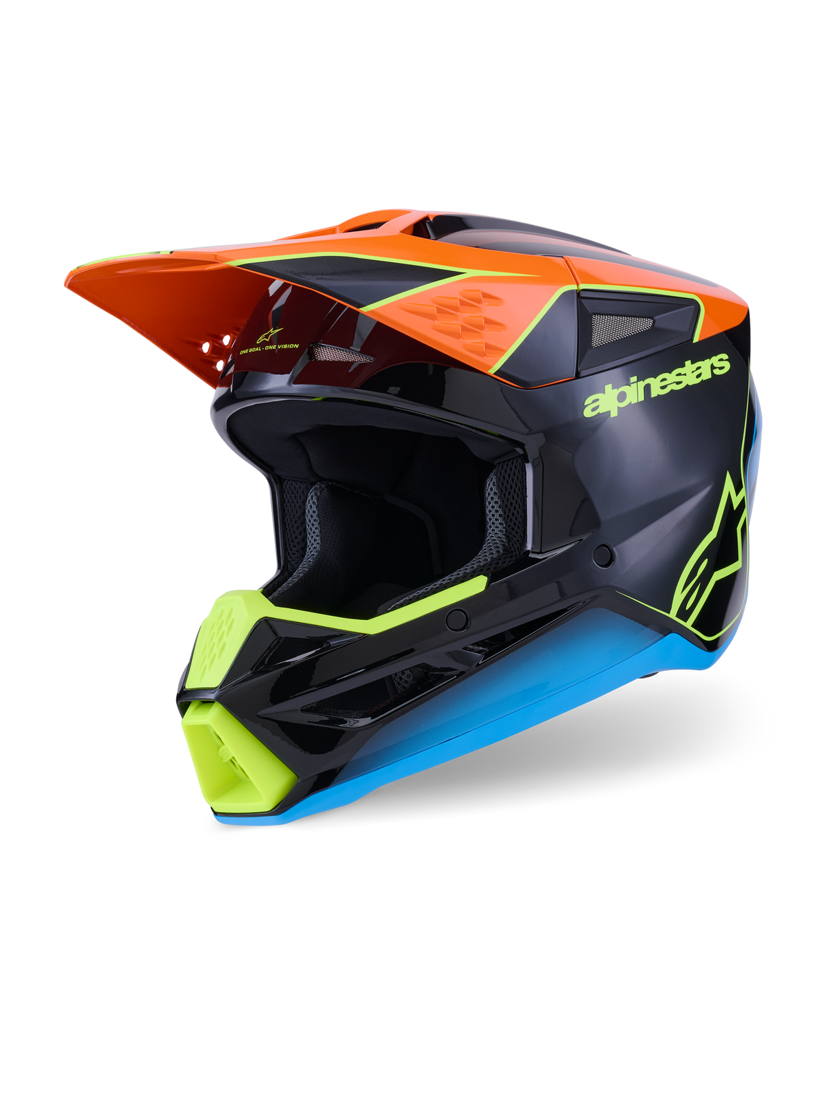 Alpinestars S-M3 Fray Helm, Motocross-Helm, Schwarz mit orangefarbenen, neongelben und blauen Akzenten, Dreiviertelansicht mit aerodynamischer, thermogespritzt'er Schale und sch'tzendem Visier f'r den Offroad-Rennsport