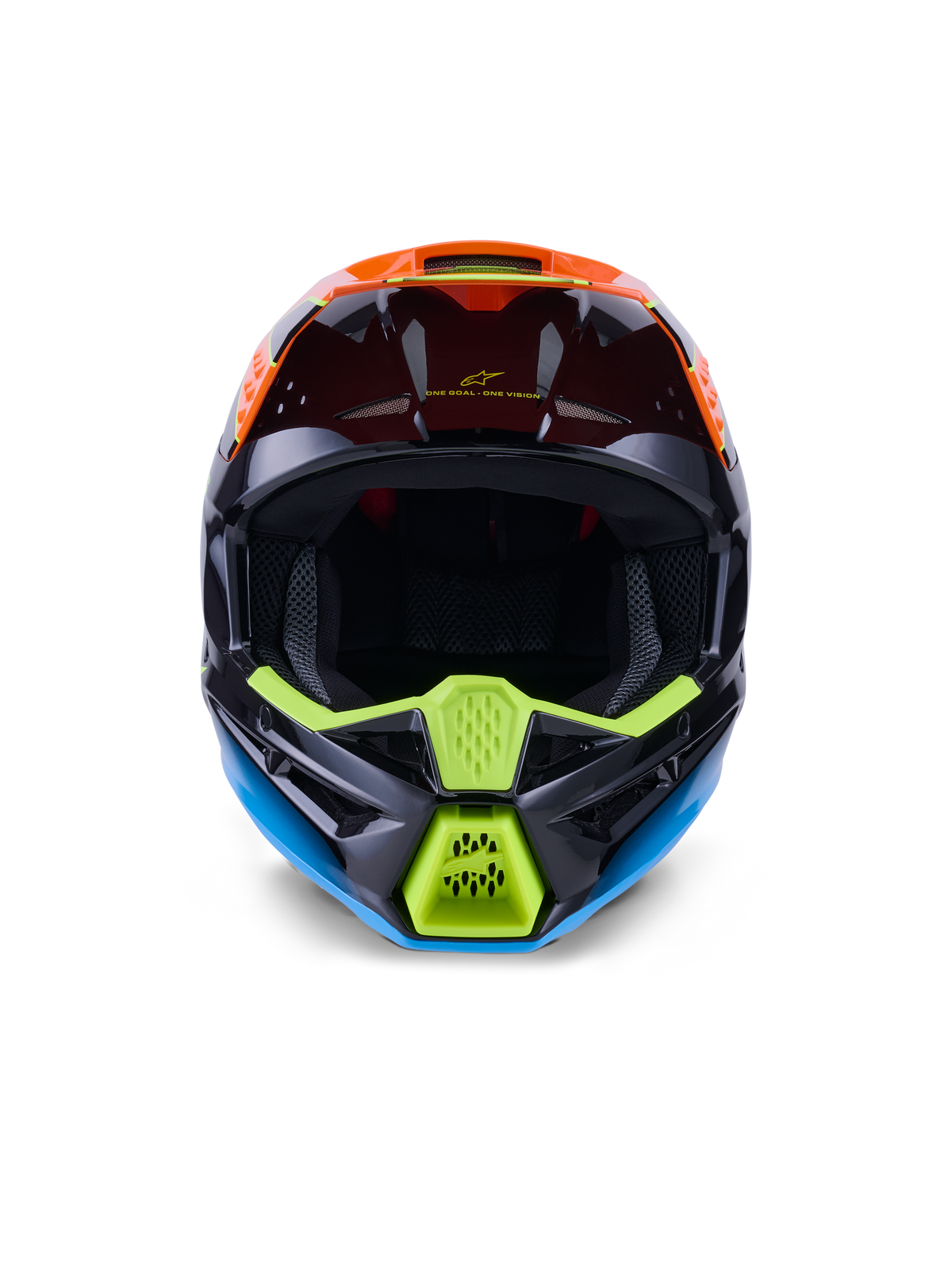 Alpinestars S-M3 Fray Helm ECE 22.06, Motocross-Helm, Schwarz, Orange und Fluo-Gelb, Vorderansicht mit aggressivem Kinnschutz-Design und Mesh-Belüftungsöffnungen, weitem Sichtfeld und aerodynamischem Profil für den Offroad-Rennsport.
