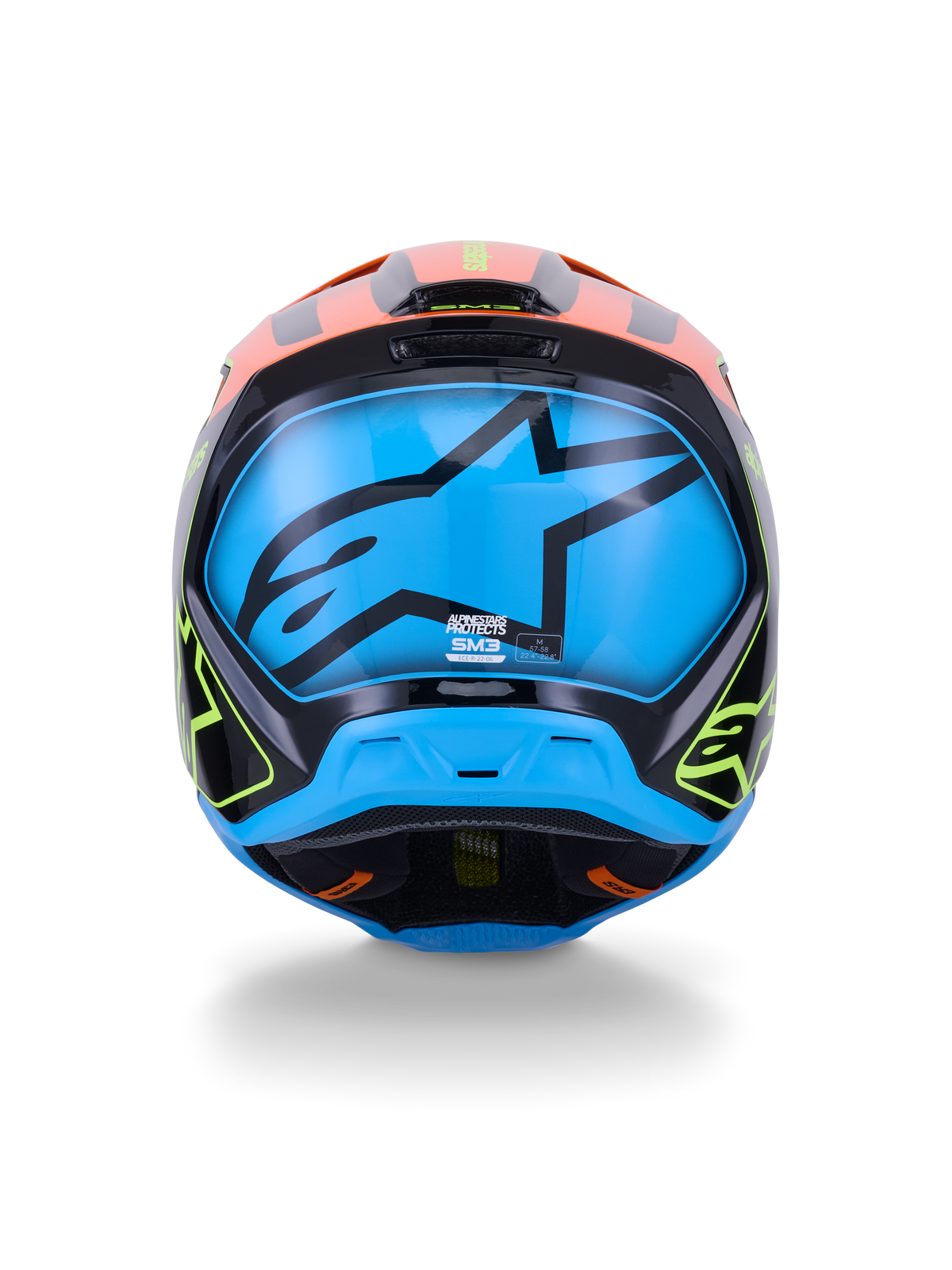 Alpinestars S-M3 Fray Helm ECE 22.06, Motocross-Helm, Rückansicht, Schwarz mit leuchtend orangefarbenen und neongelben Akzenten, großes blaues Panel mit schwarzem Alpinestars-Sternlogo, Offroad-Rennschutz