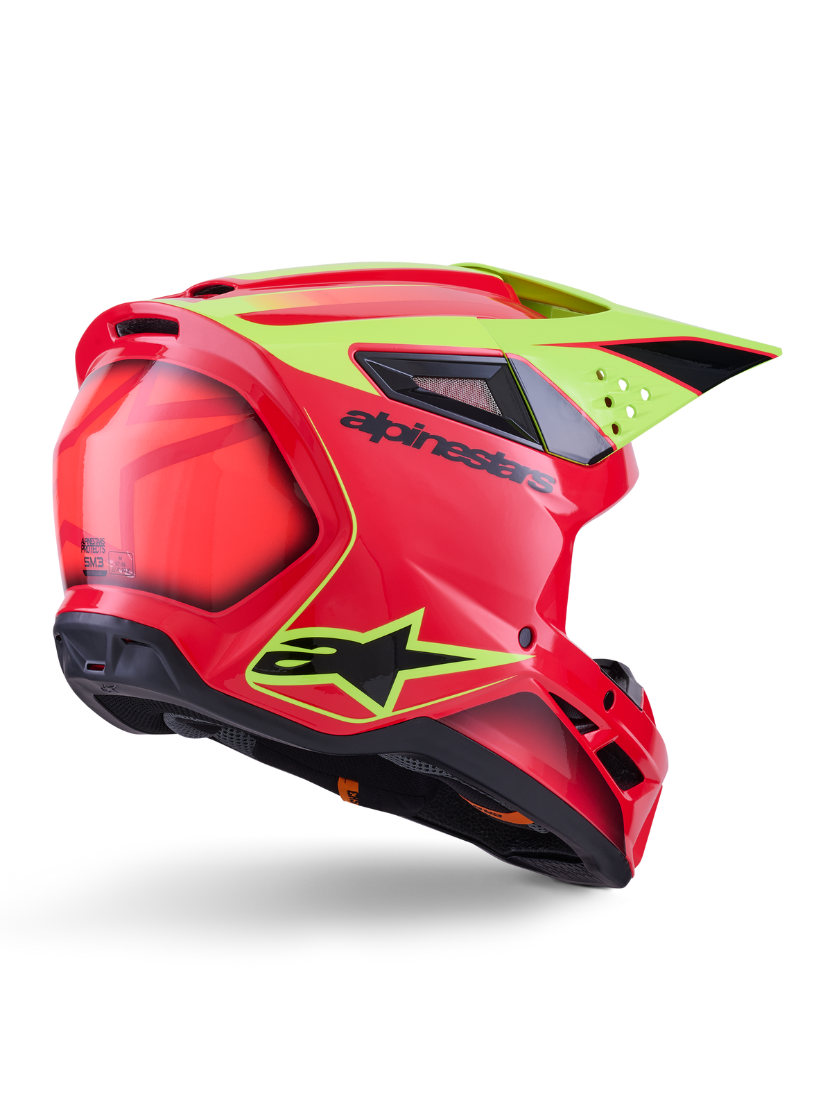 Alpinestars S-M3 Fray Helm ECE 22.06, Motocross-Helm, Rot Gelb Fluo Schwarz Glänzend, Dreiviertel-Rückansicht mit aerodynamischer Schale, mehreren Belüftungsöffnungen, neongelben Grafiken und markantem schwarzem Alpinestars-Logo.