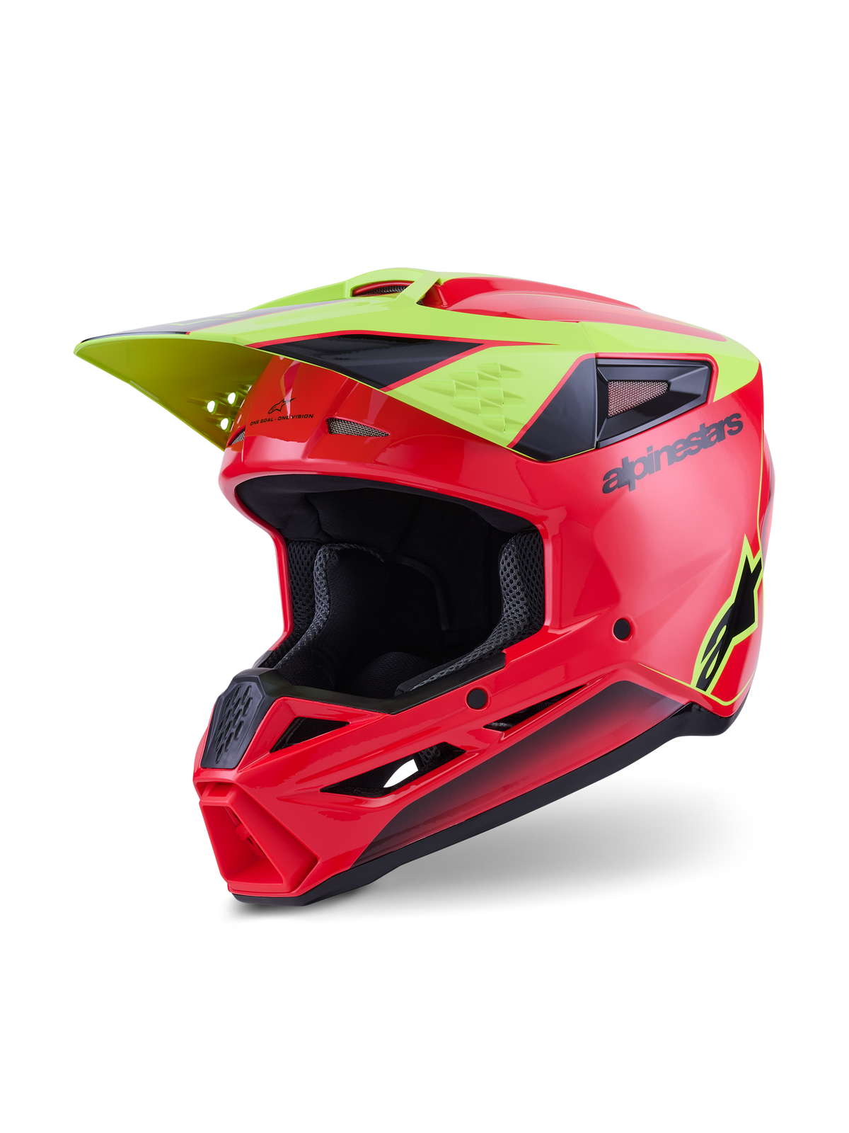 Alpinestars S-M3 Fray Helm ECE 22.06, Motocross-Helm, Rot, Neongelb und Schwarz glänzend, aerodynamische Schale mit Belüftungsöffnungen, integriertes gelbes Visier, schwarzer Alpinestars-Schriftzug und Stern-Logo, glänzendes Finish für Offroad-Rennsport