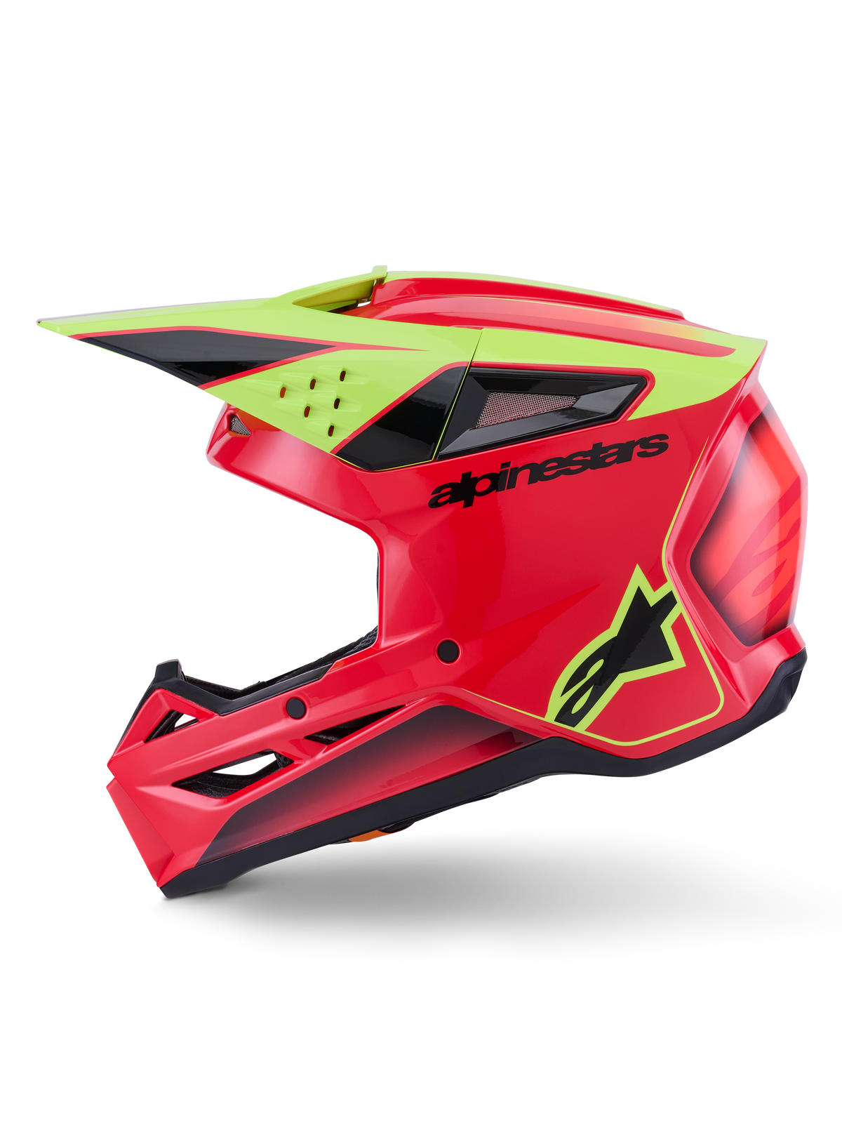 Alpinestars S-M3 Fray Helm ECE 22.06, Motocross-Helm, Rot, Neongelb und Schwarz glänzend, Seitenansicht, mit einer aerodynamischen thermogespritzten Schale mit mehreren Belüftungsöffnungen, schwarzem Alpinestars-Branding und neongelbem Stern-Logo, Hochleistungs-Kopfschutz für den Offroad-Sport.