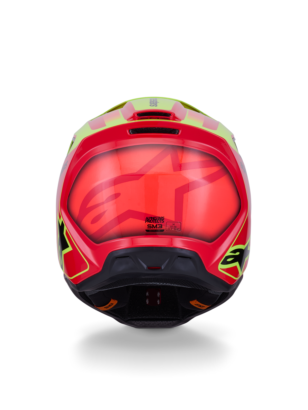 Alpinestars S-M3 Fray Helm ECE 22.06, Motocross-Helm, Rot-Gelb-Fluo-Schwarz glänzend, Rückansicht mit glänzender aerodynamischer Schale, markanten Grafiken in Rot und Fluorgelb, integrierten Belüftungsöffnungen und Branding zur Sicherheitszertifizierung