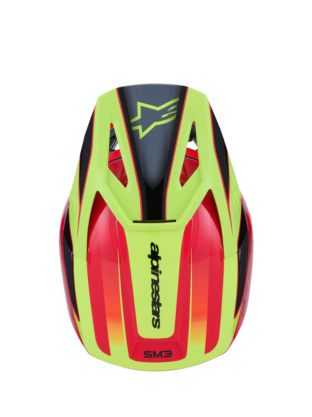 Alpinestars S-M3 Fray Helm, Motocross-Helm, Rot, Neongelb und Schwarz glänzend, Draufsicht mit lebendigem Grafikdesign, schwarzem Stern-Logo auf dem gelben Schirm und Alpinestars-Schriftzug auf der Rückseite