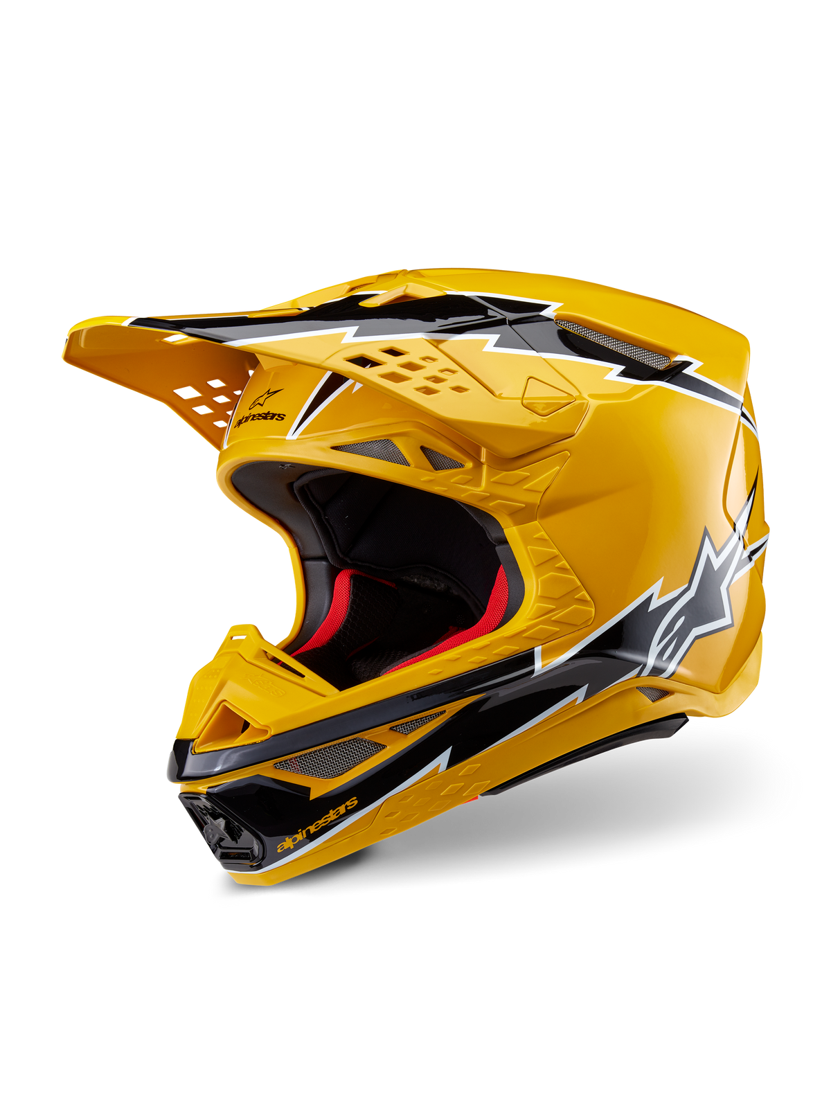 Alpinestars Supertech M10 Ampress Helmet, Motocross Helmet, Yellow and Black Glossy, featuring lightning-bolt graphics, ventilated peak, and aerodynamic design, high-performance off-road protection.