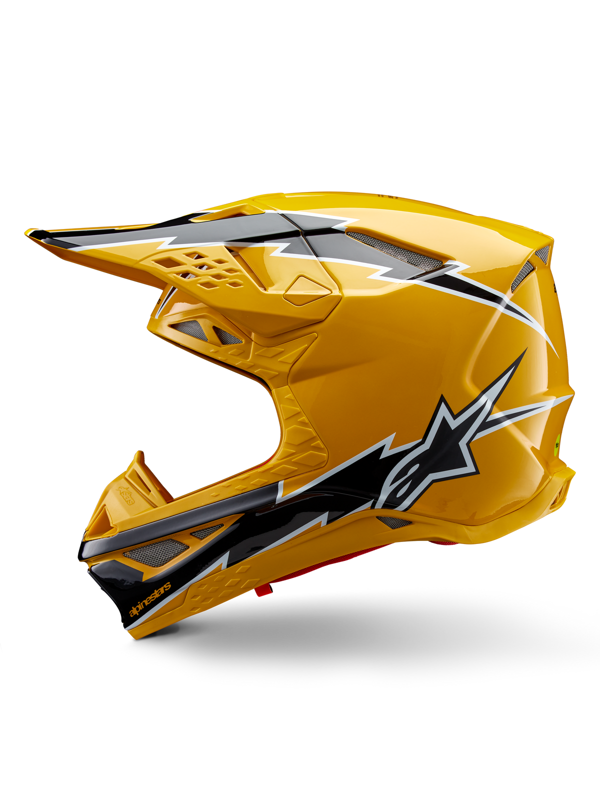 Alpinestars Supertech M10 Ampress Helmet, Motocross Helmet, Glossy Yellow with Black and White Graphics, side view featuring bold angular designs, Alpinestars star logo, and multiple ventilation ports with silver mesh, professional off-road racing gear