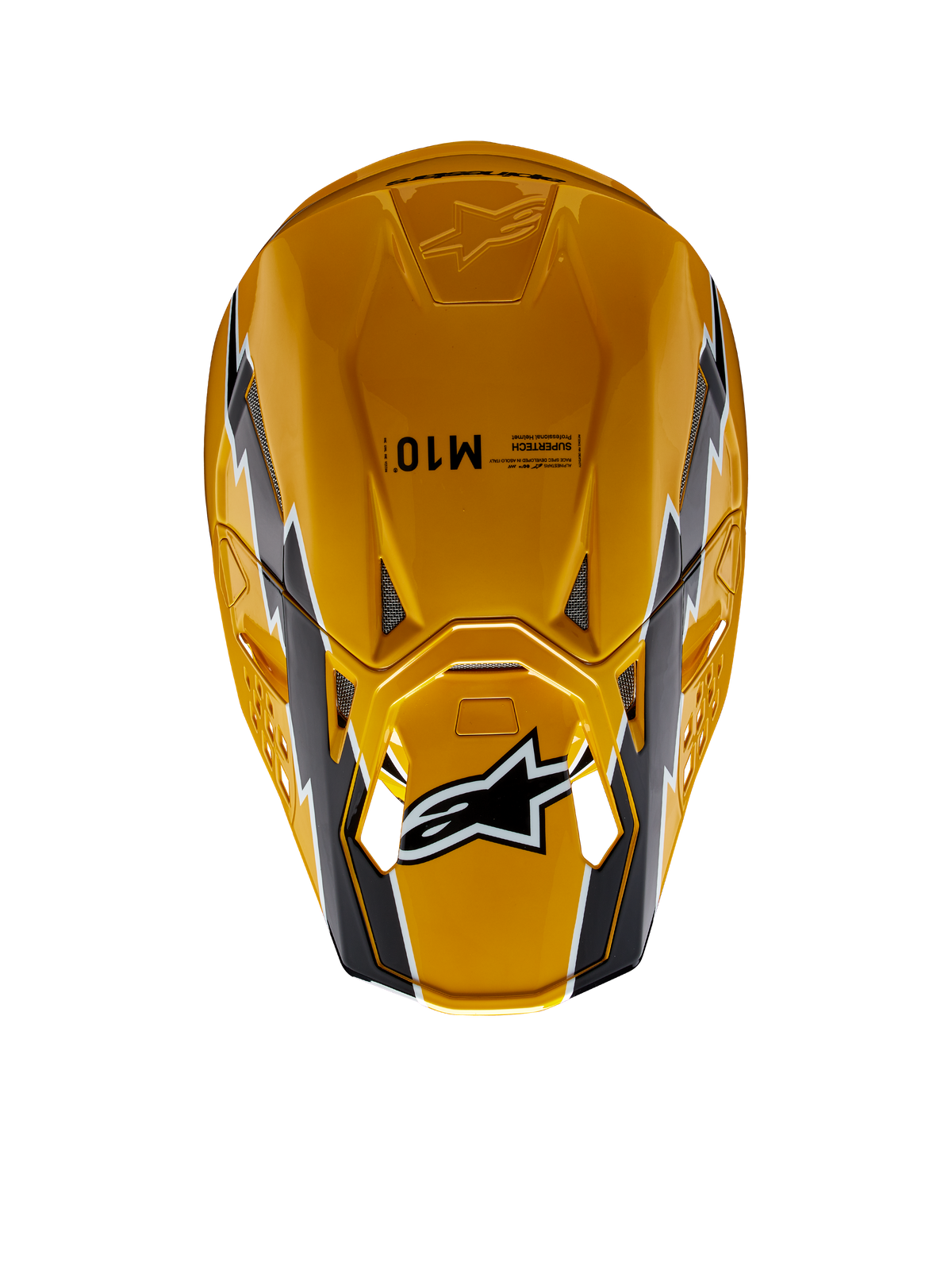 Alpinestars Supertech M10 Ampress Helmet, Motocross Helmet, Black Yellow Glossy, top-down view featuring a glossy yellow finish with black and white graphics, Alpinestars logo on the visor, and aerodynamic shell with ventilation ports.