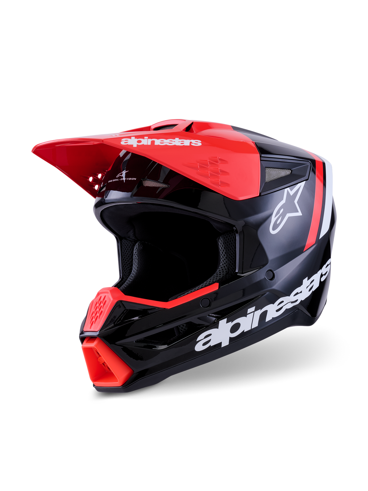 Alpinestars S-M3 Radium Helm, Motocross-Helm, Schwarz, Fluo-Rot und Weiß glänzend, Hochglanz-Finish mit markantem weißem Alpinestars-Branding und Stern-Logo, mit leuchtend rotem Helmschild und Kinnbelüftung, entwickelt für den Offroad-Schutz.