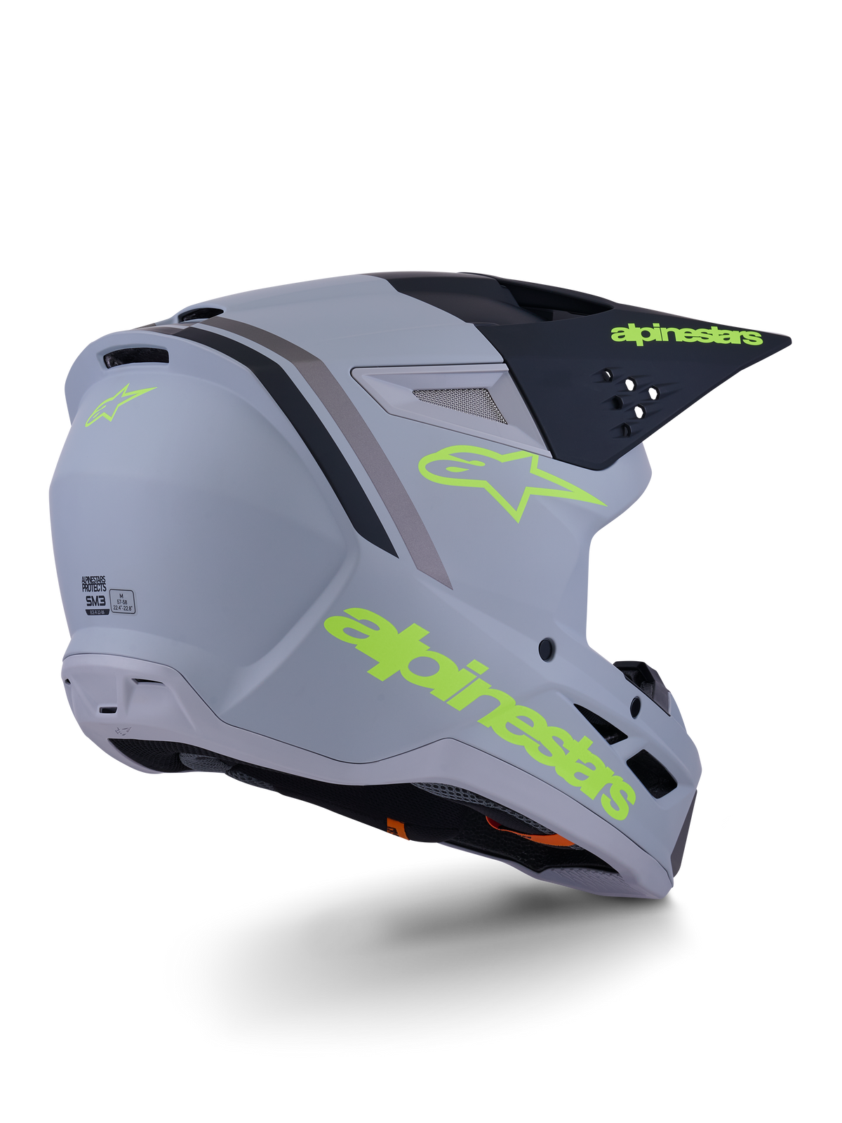 Alpinestars S-M3 Radium Helm, Motocross-Helm, Grau, Schwarz und Gelb Fluo Matt, Fullface-Design mit kantiger Schale, markantes Visier und Belüftungsöffnungen, mattes Finish mit auffälligen Grafiken