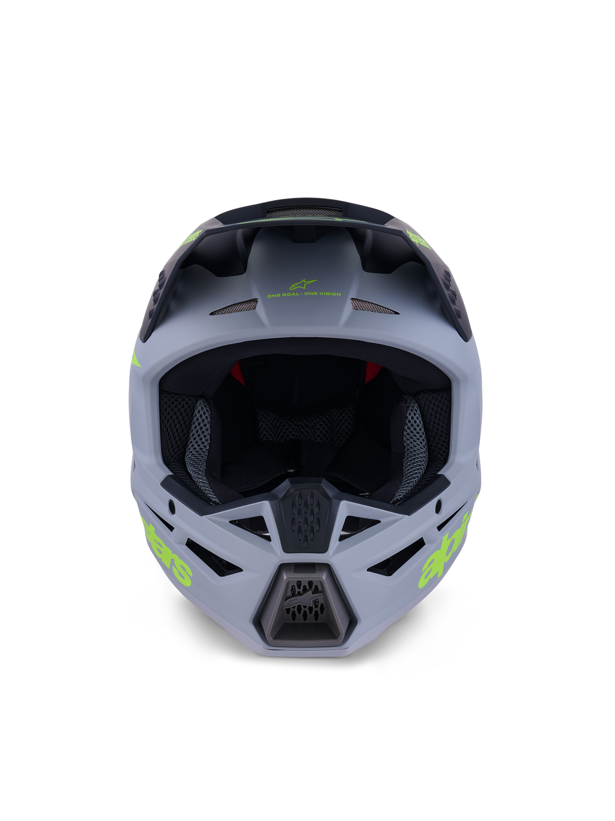 Alpinestars S-M3 Radium Helm, Full-Face Motocross-Helm, Mattgrün und Schwarz mit neongelbem Branding, Vorderansicht mit hervorgehobenen Belüftungsöffnungen an Kinn und Stirn sowie einer großen Sichtöffnung, professionelle Offroad-Schutzausrüstung