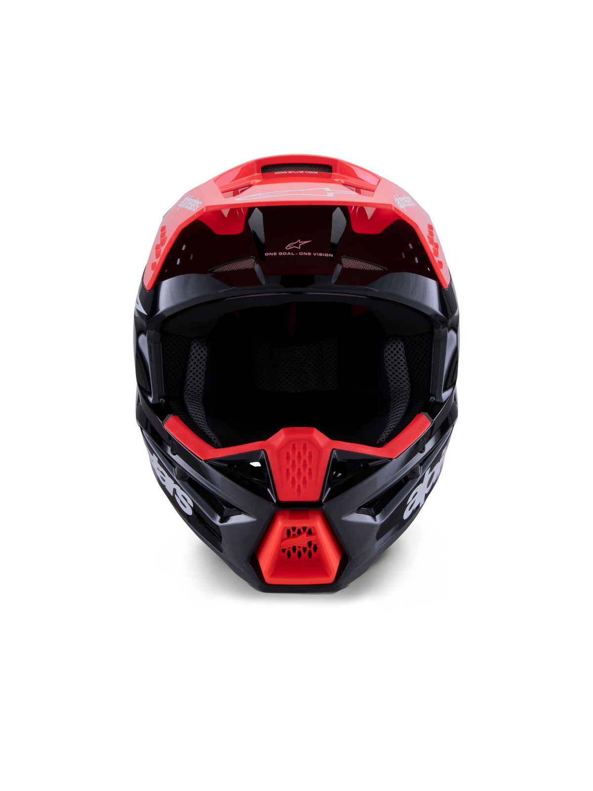 Alpinestars S-M3 Radium Helm ECE 22.06, Motocross-Helm, Glänzend Schwarz mit fluoreszierend roten und weißen Akzenten, Vorderansicht mit aerodynamischer Schale, integriertem Visier und schützendem Kinnbügel mit auffälligem Alpinestars-Branding.