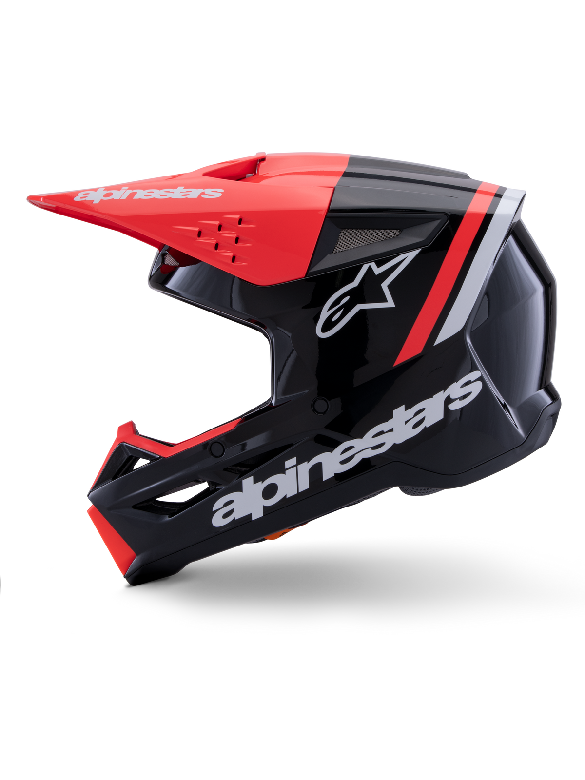 Alpinestars S-M3 Radium Helm, Motocross-Helm, Schwarz, Rot Fluo und Weiß Glänzend, Seitenprofilansicht, mit großem weißen Alpinestars-Branding und Stern-Logo, Akzente in fluoreszierendem Rot an Helmschild und Kinnbügel, glänzendes Finish, entwickelt für MX- und Enduro-Offroad-Fahrten.