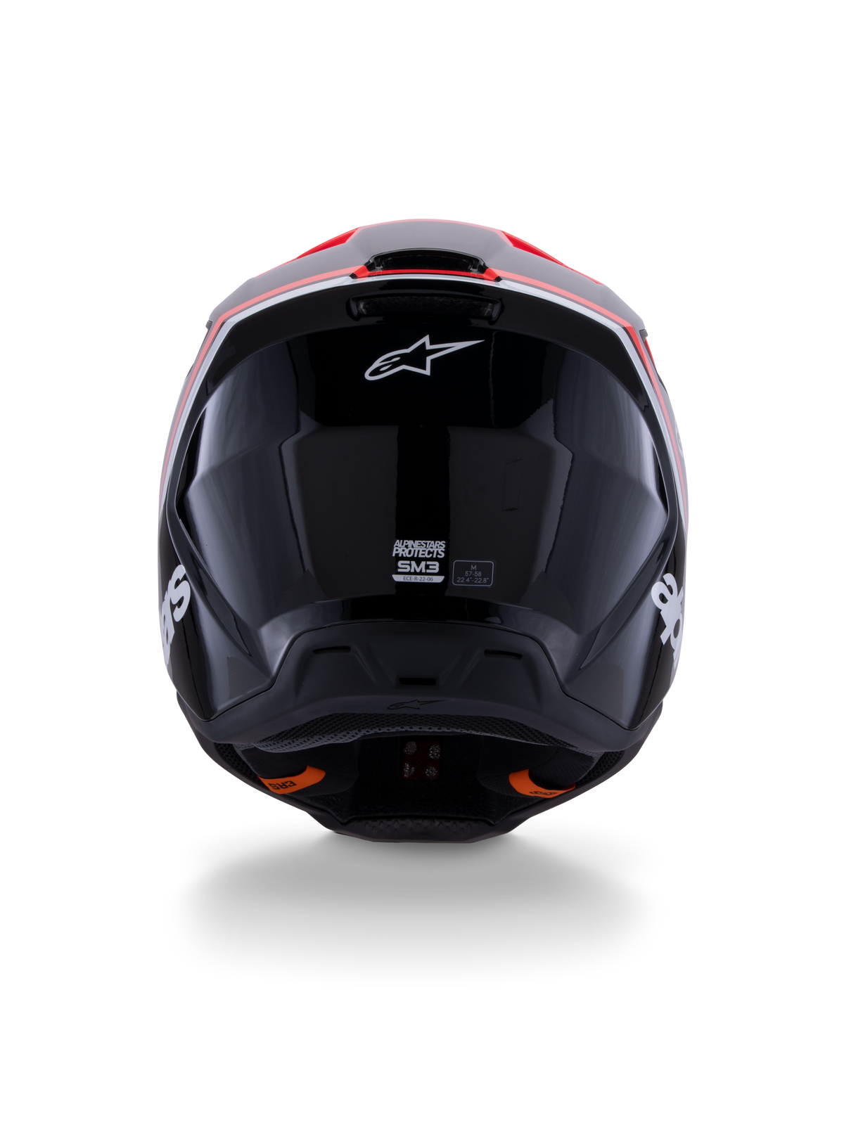 Alpinestars S-M3 Radium Helm ECE 22.06, Motocross-Helm, Schwarz Glänzend mit Akzenten in Rot Fluo und Weiß, Rückansicht mit aerodynamischem Schalendesign, weißem Stern-Logo und Zertifizierungsaufklebern.