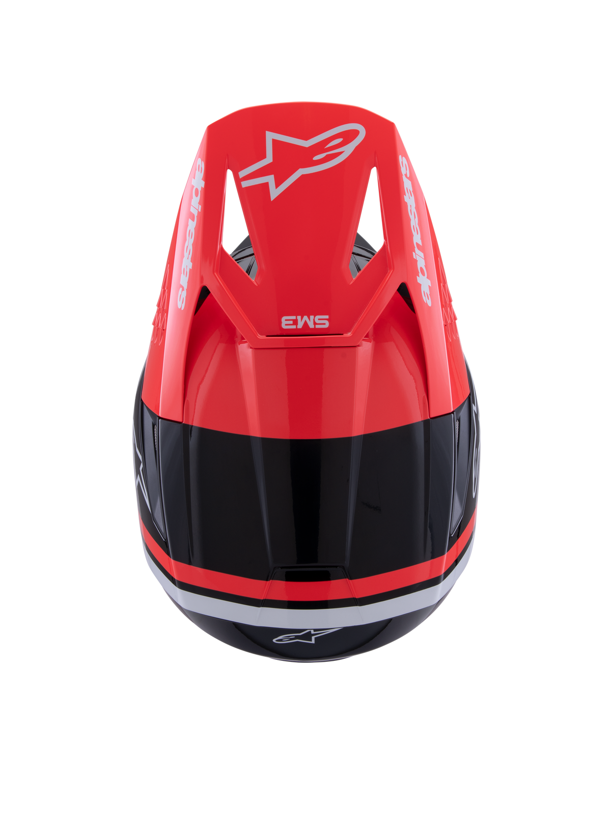 Alpinestars S-M3 Radium Helm, Motocross-Helm, Schwarz, Neonrot und Weiß glänzend, Draufsicht mit neonrotem Visier, weißem Alpinestars-Branding und elegantem aerodynamischem Design.