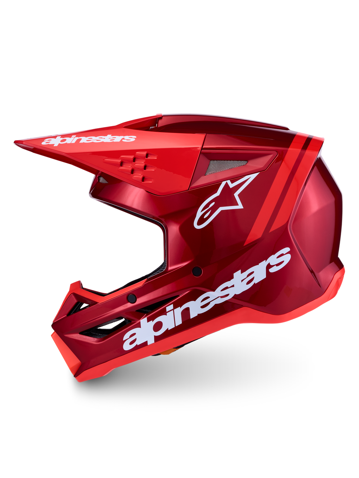 Casque Alpinestars SM3 Radium ECE06, casque de motocross tout-terrain, rouge et blanc, vue de profil avec logos blancs, certifié ECE 22.06 pour une protection optimale en off-road