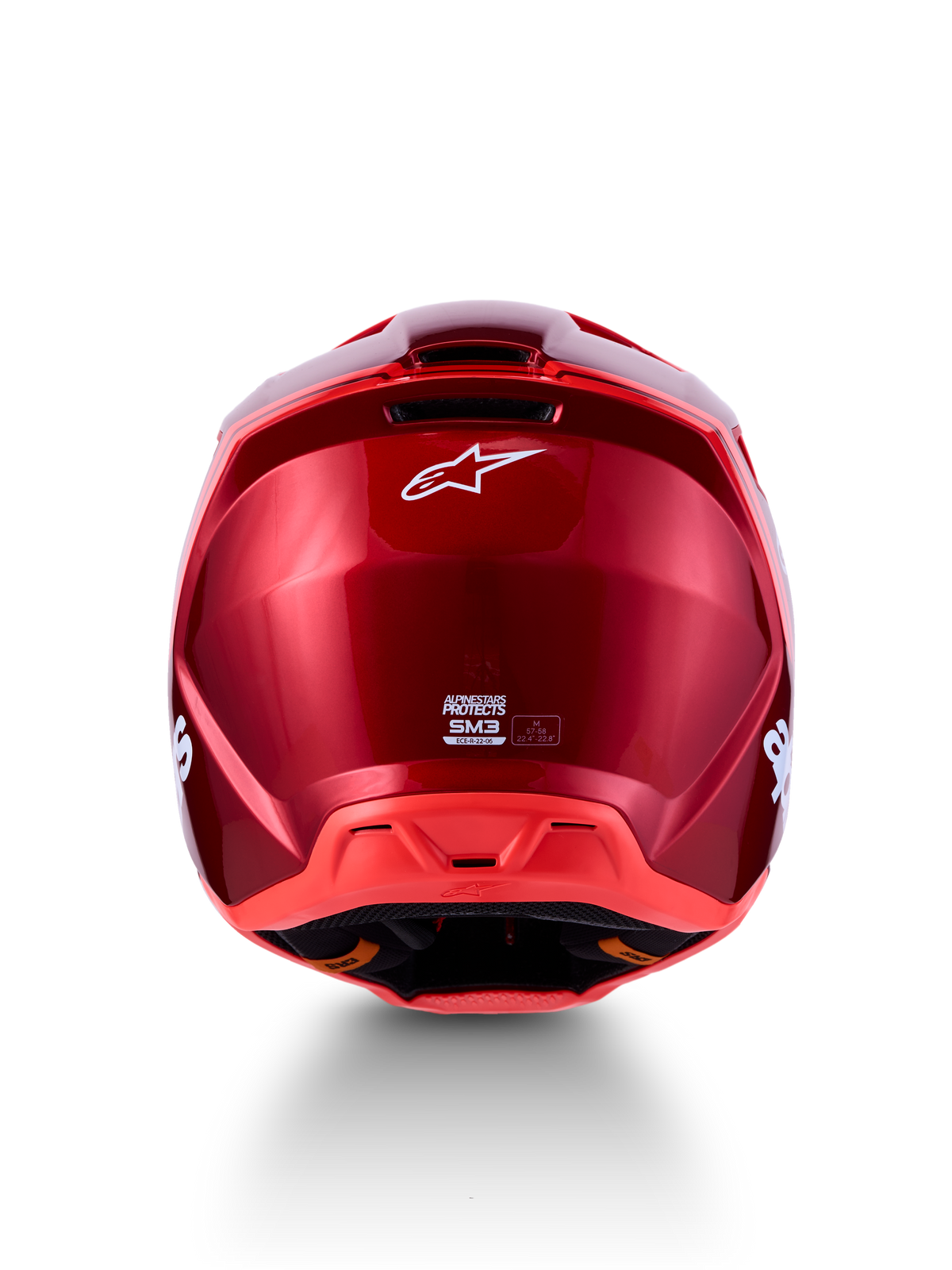 Casque Alpinestars SM3 Radium ECE06, vue arrière, rouge brillant et rouge fluo, motocross, homologué ECE 22.06.