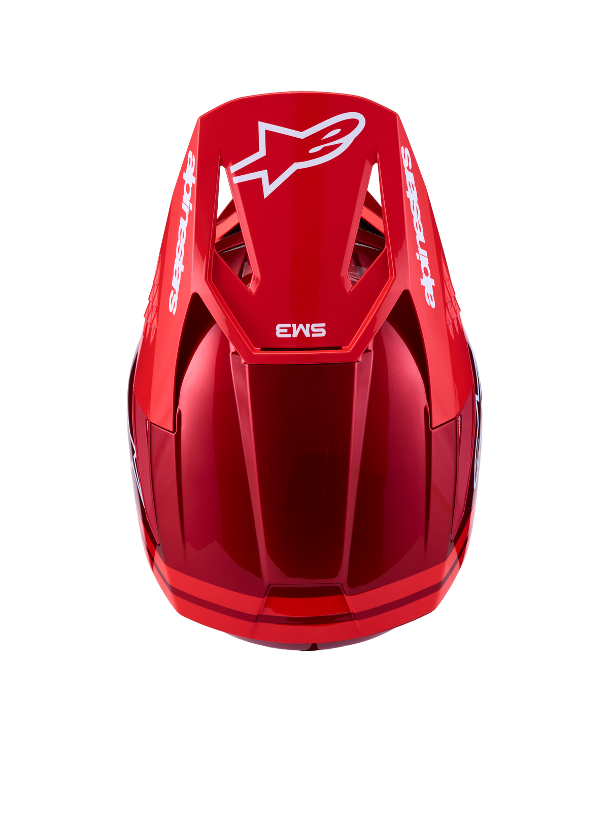 Alpinestars SM3 Radium, casque de motocross rouge et blanc, coque thermo-injectée légère, certifié ECE, vue de dessus.