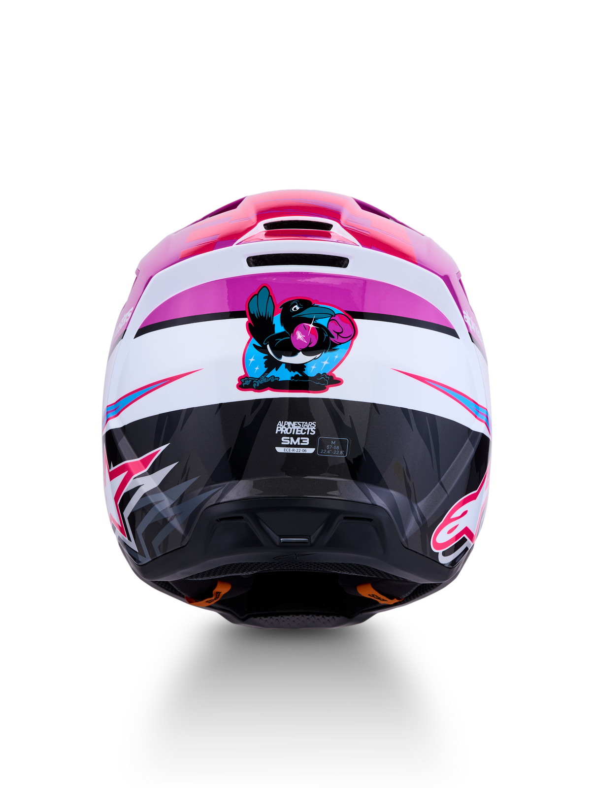 Casque Alpinestars SM3 Falcon ECE06, casque de motocross violet et blanc, certifié ECE, vue arrière avec corbeau boxeur.