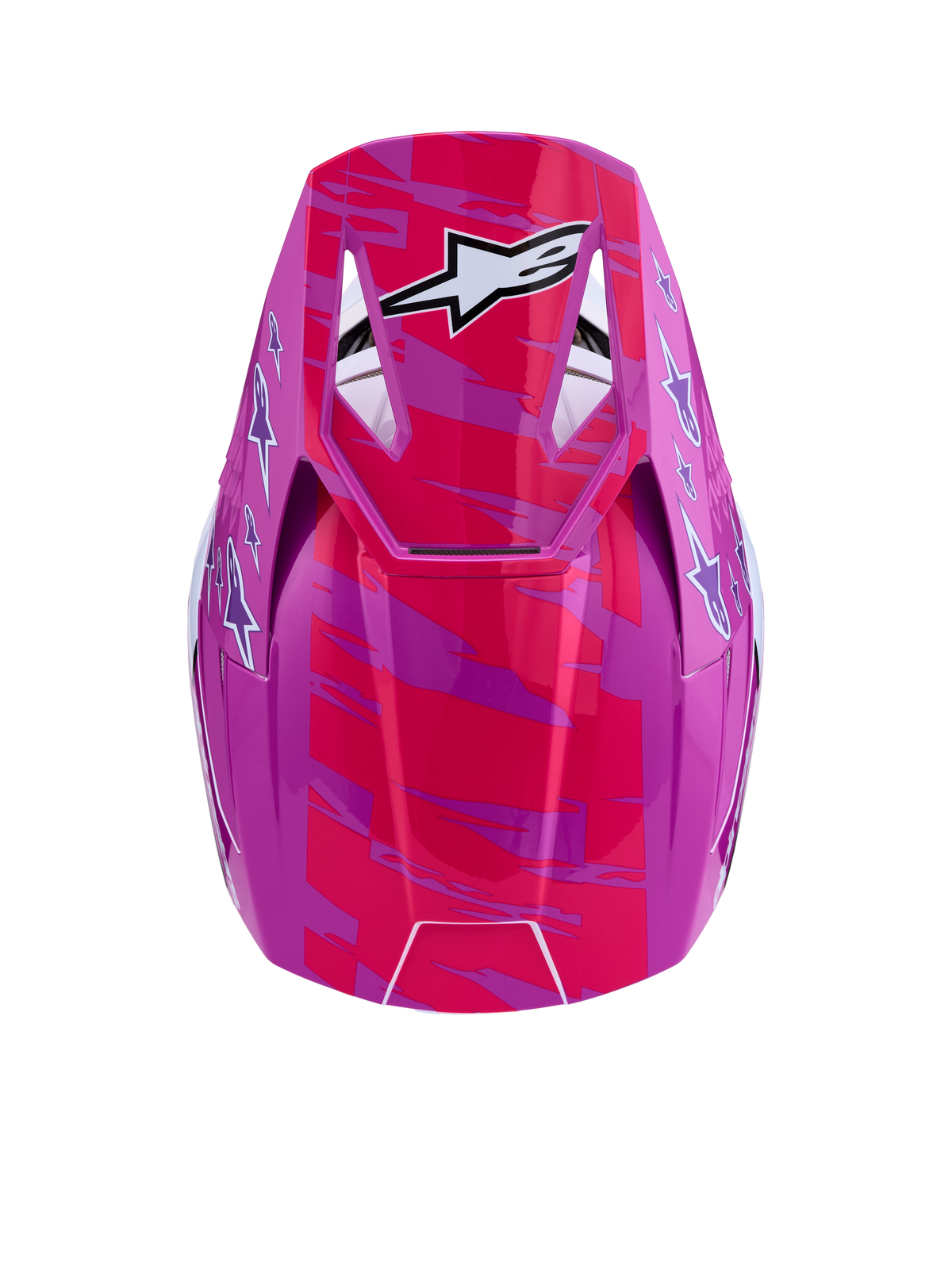 Casque Alpinestars SM3 Falcon ECE06, casque de motocross rose fluo et violet brillant avec logos blancs, vue de dessus.