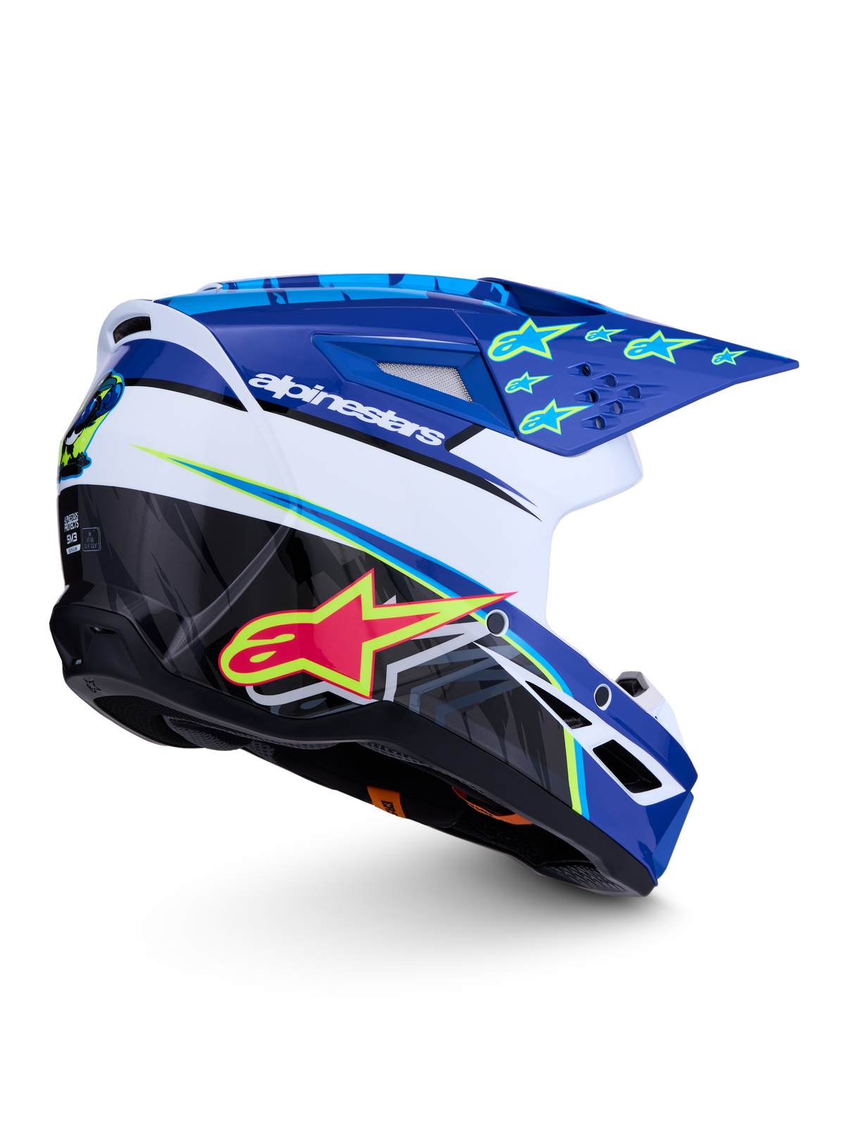 Alpinestars SM3 Falcon helm, motorcrosshelm voor terreinrijden, blauw, wit en zwart met fluo gele accenten, glanzende afwerking, ECE 2206-gecertificeerd