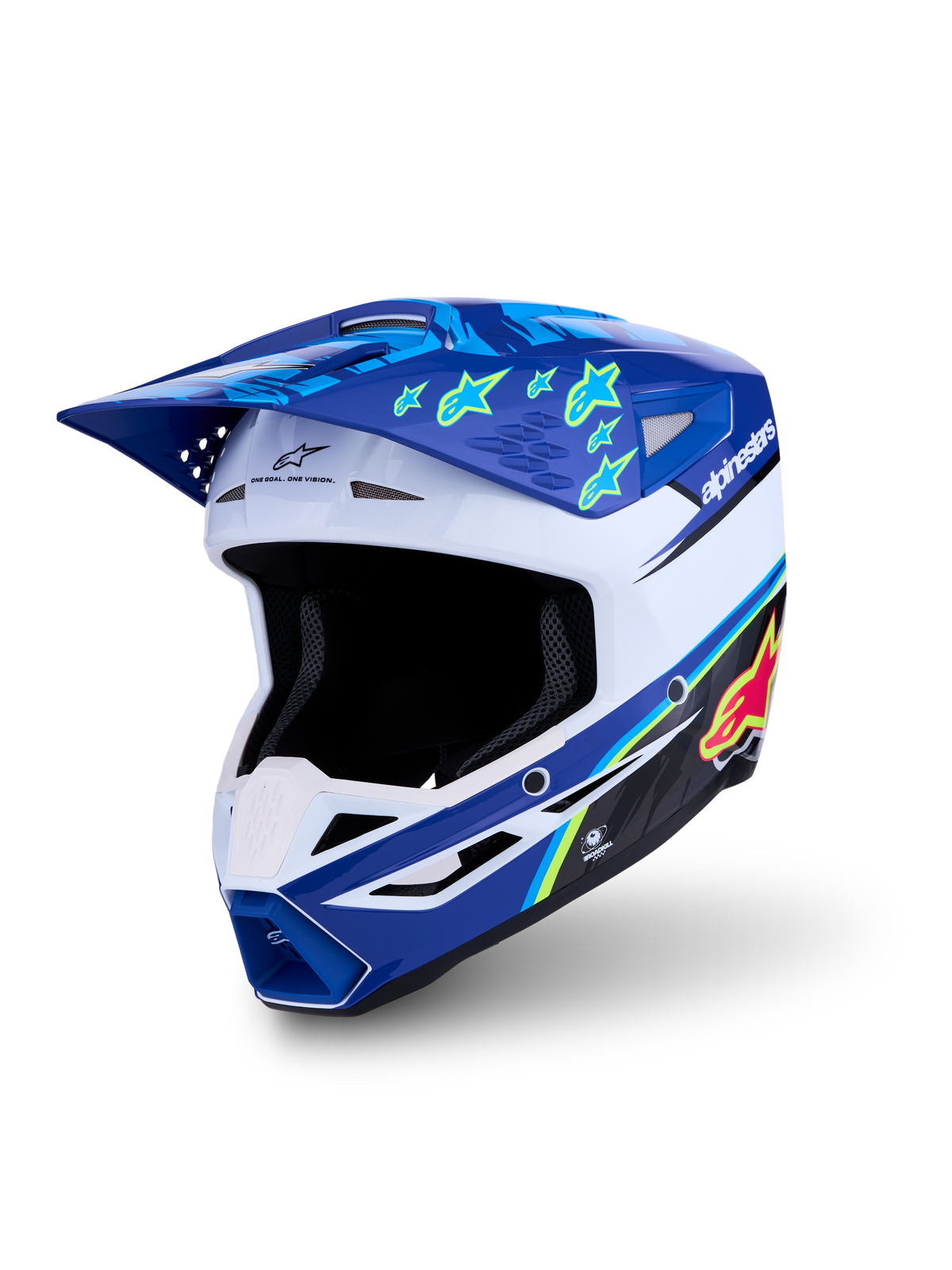 Alpinestars SM3 Falcon helm ECE06, blauw-witte motorcrosshelm met gele sterren, ECE 22.06 gecertificeerd voor off-road.