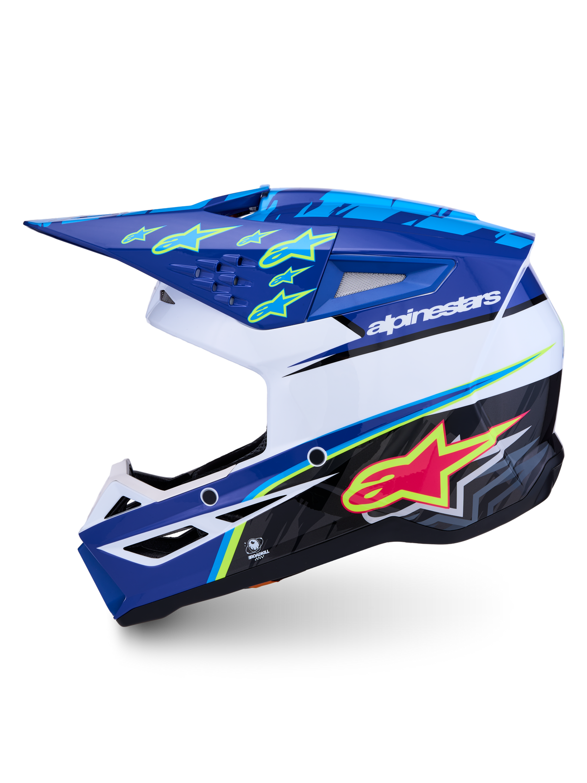 Alpinestars SM3 Falcon helm ECE06, glanzende blauwe en witte motorcrosshelm met roze en fluo gele graphics, ECE 22.06 gecertificeerd voor off-road racing.
