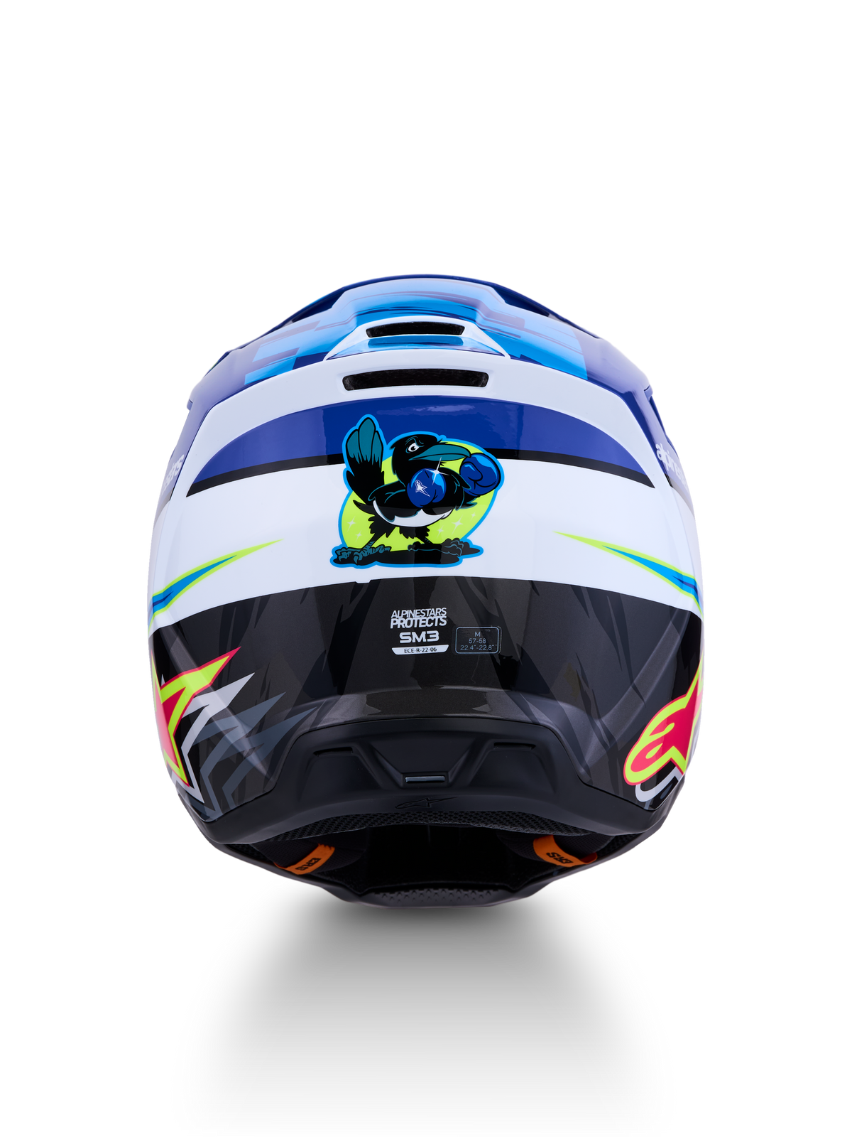 Alpinestars SM3 Falcon helm, blauw-witte MX-helm, achteraanzicht met boksvogel-graphic, ECE 2206-gecertificeerd.