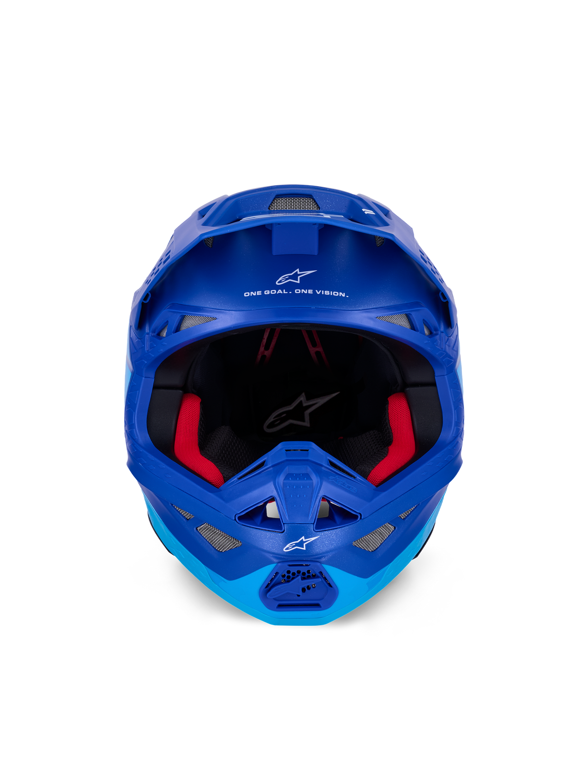 Casque Alpinestars Supertech M10 Flood ECE, casque de motocross, bleu métallique et bleu moyen avec des accents en carbone noir, vue de face montrant la mentonnière et l'ouverture pour les yeux, logos et texte Alpinestars blancs, rembourrage intérieur rouge, protection tout-terrain professionnelle