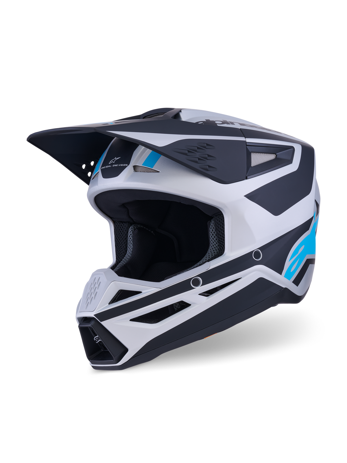 Alpinestars S-M3 Heat Helm, Motocross-Helm, Silber, Blau und Schwarz Matt, mit aerodynamischem Visier, mehreren Belüftungsöffnungen und markanten grafischen Akzenten, Offroad-Motorradschutzausrüstung