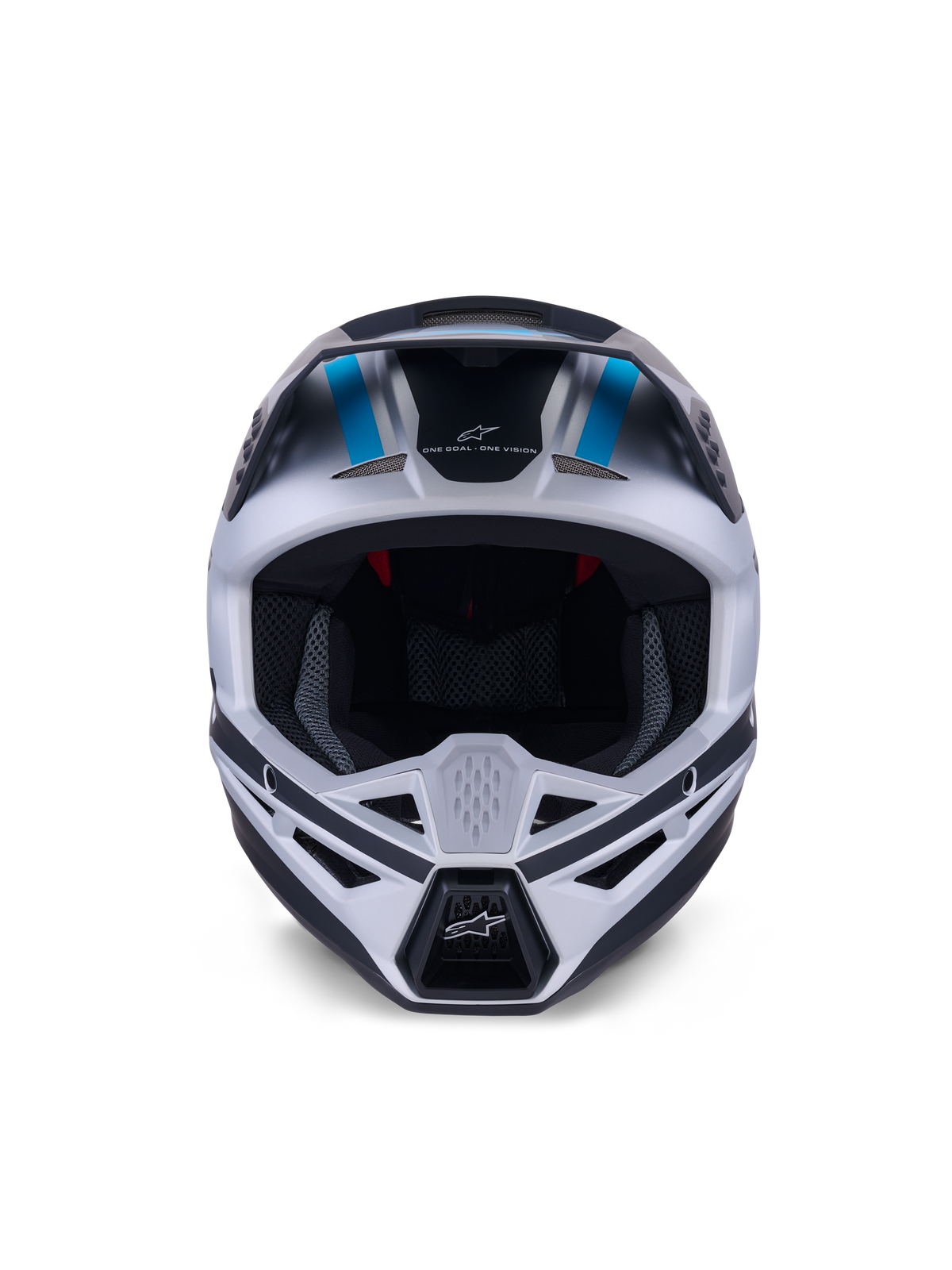 Alpinestars S-M3 Heat Helm, Motocross-Helm, Silber-Blau und Schwarz Matt, Vorderansicht mit Fokus auf das Belüftungssystem, das große Sichtfeld und die Mesh-Innenpolsterung, mit dem Marken-Slogan 'ONE GOAL ONE VISION' auf der Stirn.