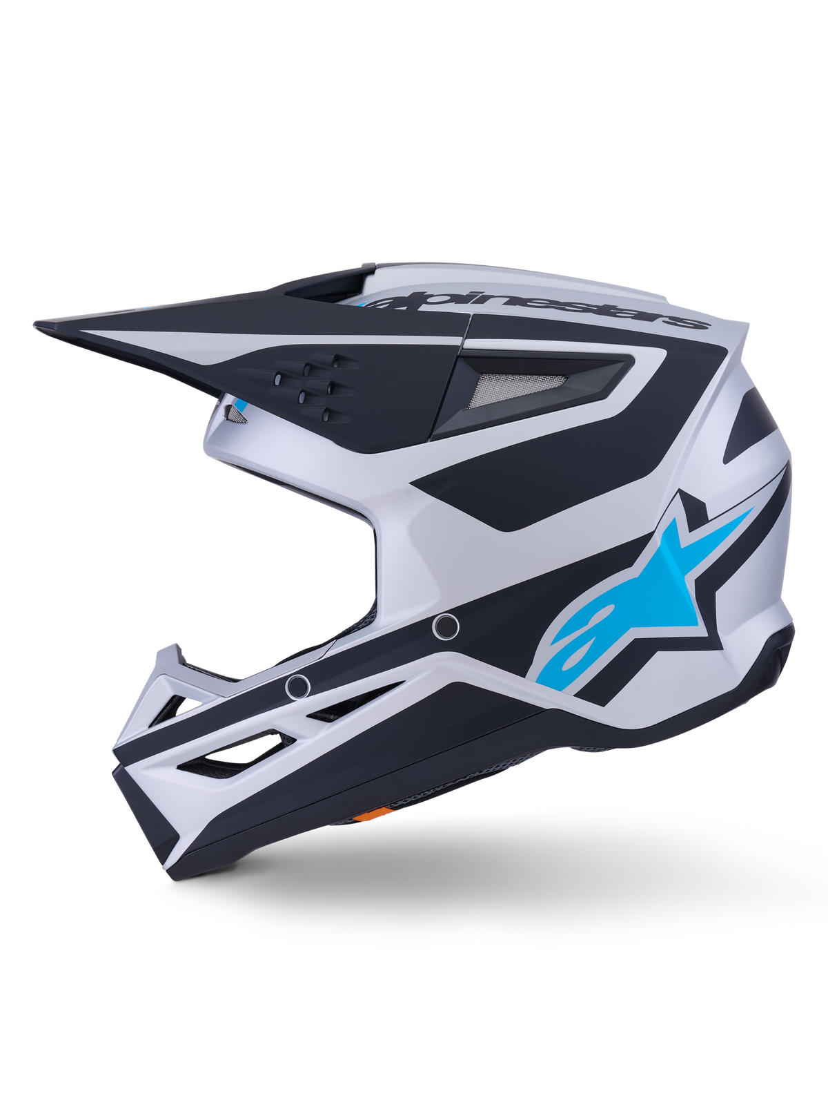 Alpinestars S-M3 Heat Helm ECE 22.06, Motocross-Helm, Silber, Blau und Schwarz mit mattem Finish, Seitenansicht, leuchtend blaues Alpinestars Stern-Logo, schwarzes Visier, mehrere Belüftungsöffnungen, aggressives aerodynamisches Design für den Offroad-Rennsport
