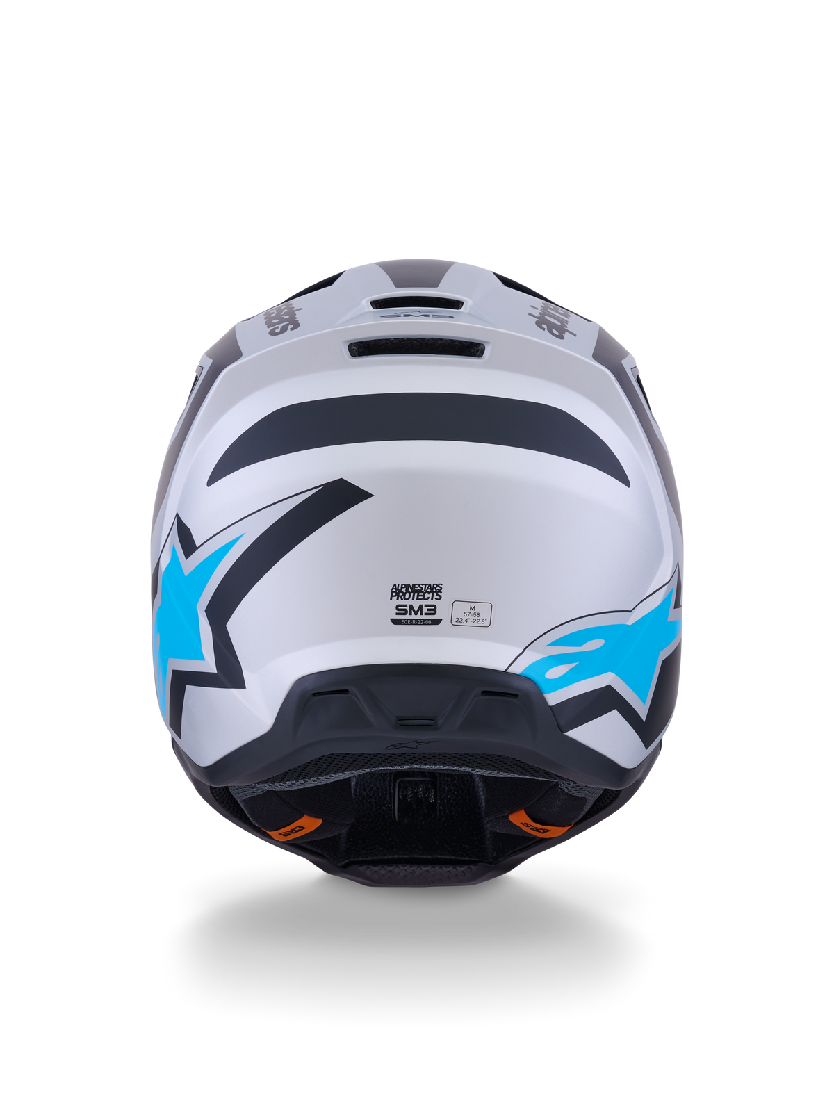 Alpinestars S-M3 Heat Helm, Motocross-Helm, Silber, Blau und Schwarz Matt, Rückansicht mit leuchtend blauen Stern-Logos, mattem Finish und integrierten Belüftungsöffnungen.